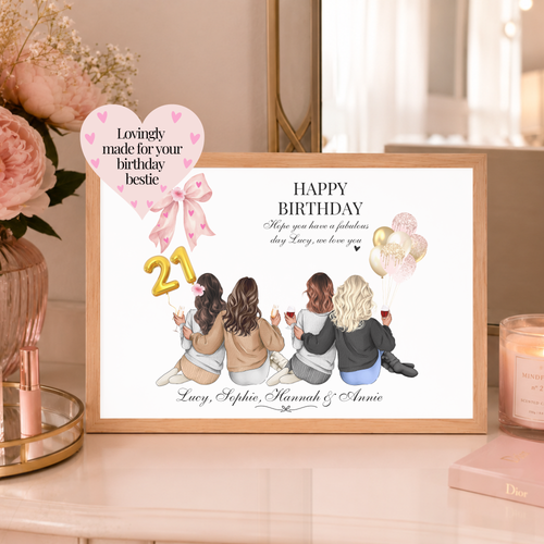 A personalised framed best friend birthday print featuring an illustration of four women from behind holding wine glasses and pink balloons with custom outfits and names. Personalised friend group birthday print.