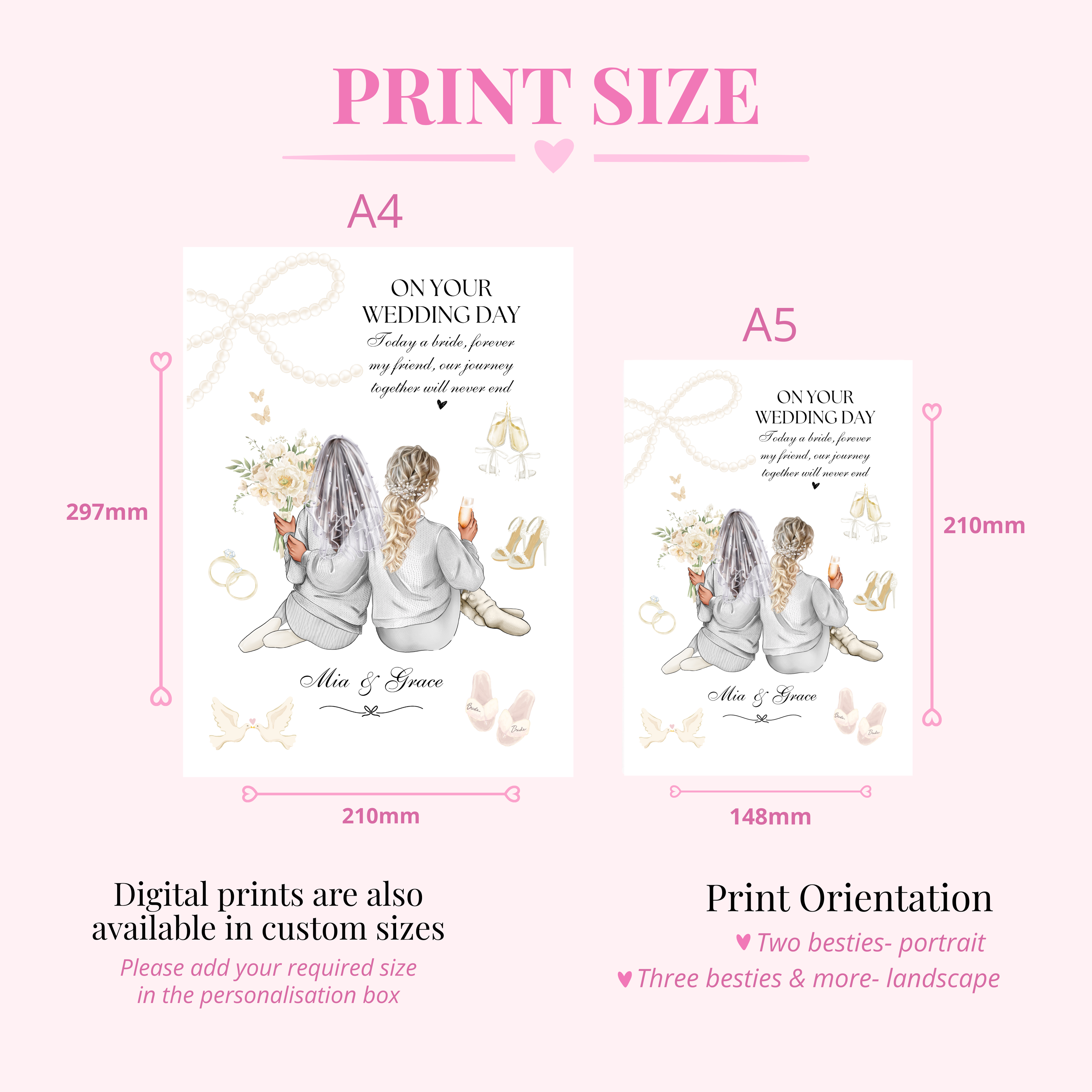 Personalised bride and bridesmaid print available as digital download, A5 and A4 printed options. Custom bridal party gift.