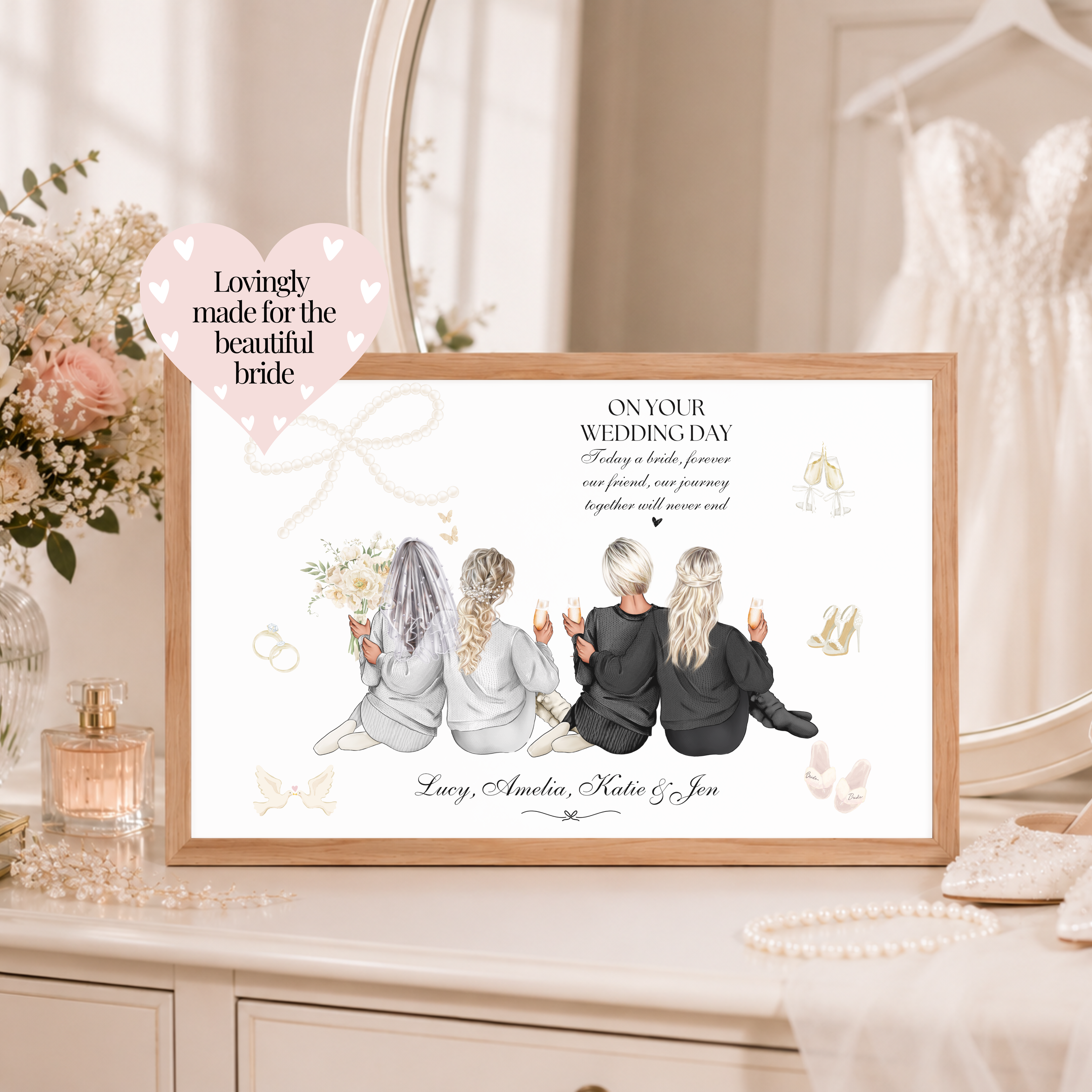 Personalised bride and bridesmaid print displayed on a bridal dressing table. A thoughtful wedding gift from bridesmaids featuring one bride and three bridesmaids. 