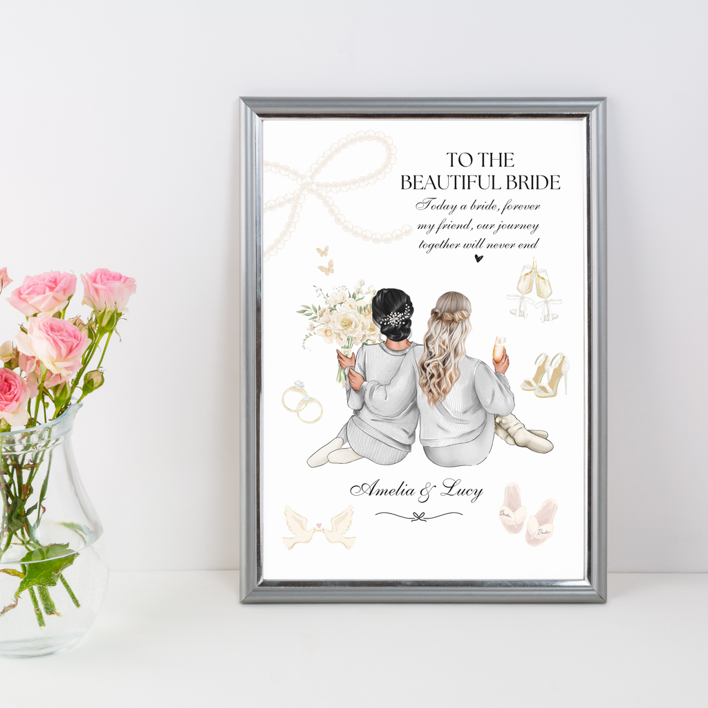 Personalised bride and bridesmaid print displayed in an elegant silver frame. A thoughtful wedding morning gift for the bride from her bridal party.