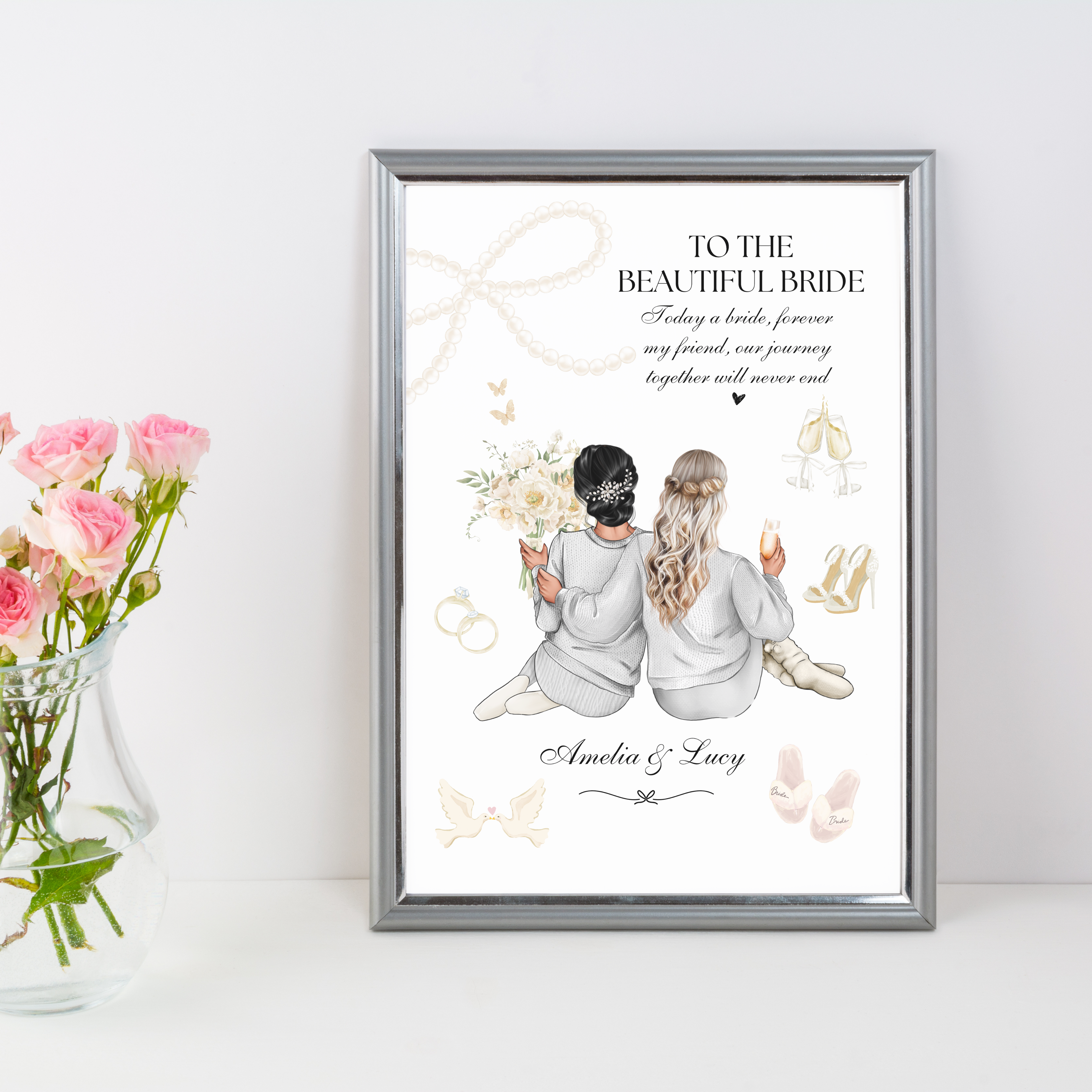 Personalised bride and bridesmaid print displayed in an elegant silver frame. A thoughtful wedding morning gift for the bride from her bridal party.