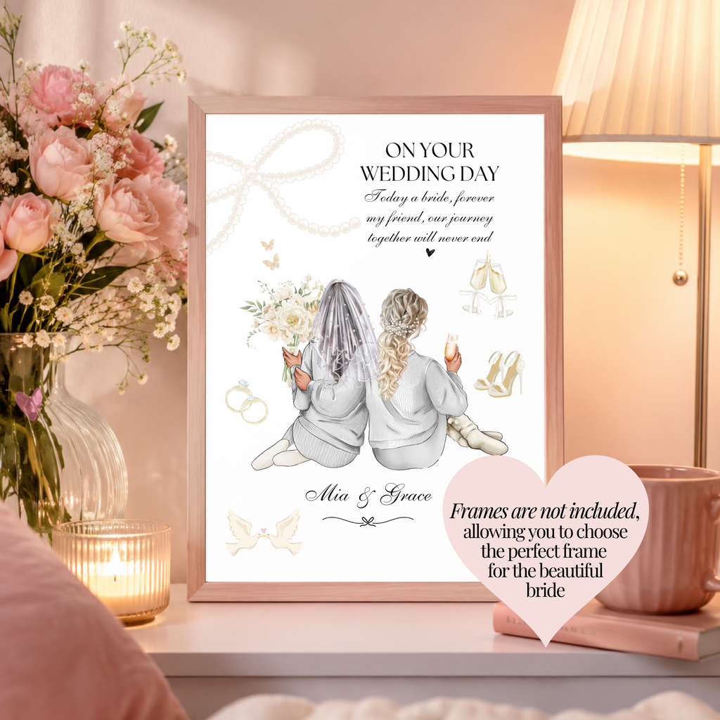 Personalised bride and bridesmaid wedding print displayed in a frame. Frame not included so you can choose one to match the bride's home.