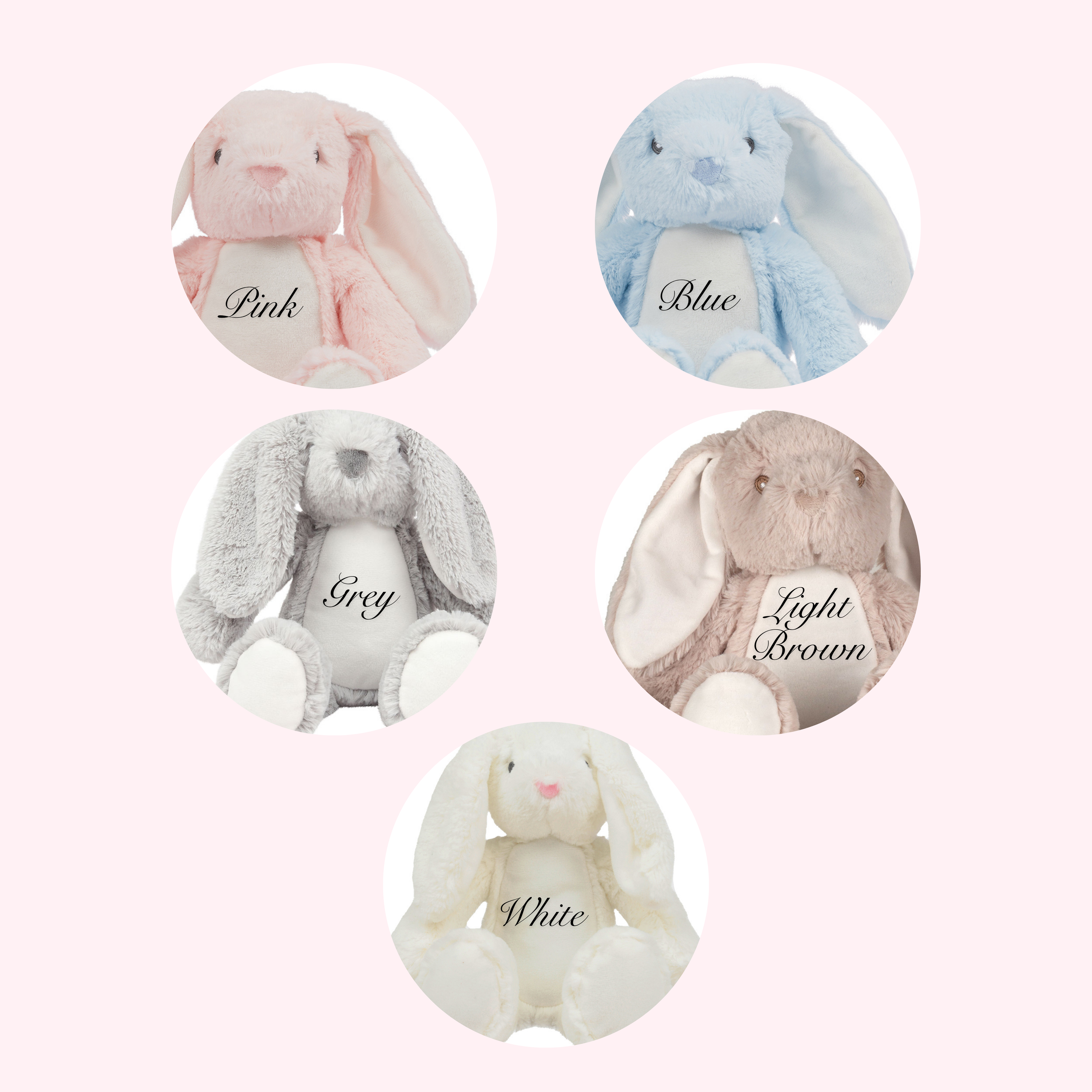 Five personalised bunny colours available in grey, white, pink, blue and light brown. Custom personalised bunny toy keepsake.
