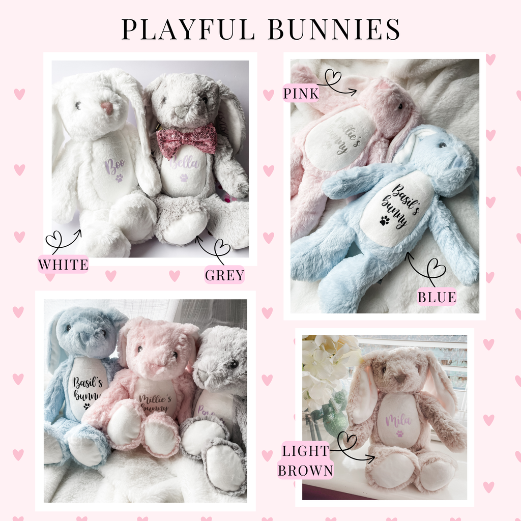 Five personalised plush dog toys including a white bunny, pink bunny, grey bunny, brown bunny and blue bunny. Custom plush dog toy options, choose your colour personalised pet gift. 