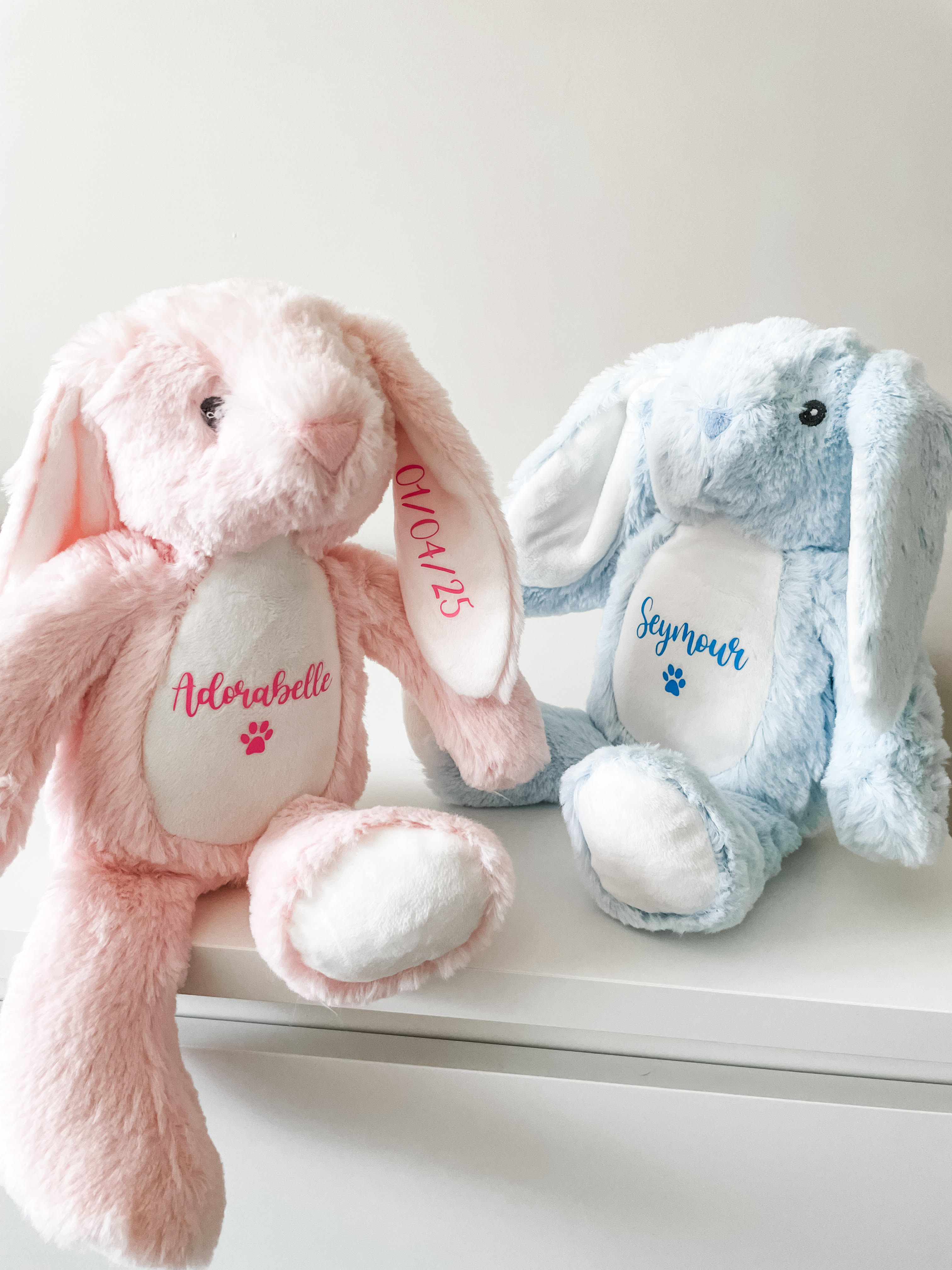 Two personalised bunny dog toys, in pink and blue placed on the side with custom names and dates of birth personalised.