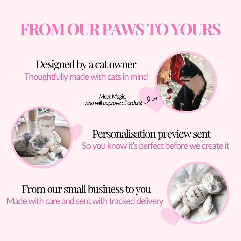 Custom name plush cat toy, personalised by a cat owner. Personalisation preview sent before making and sent with tracked delivery. Personalised cat gifts made with love by a cat owner.