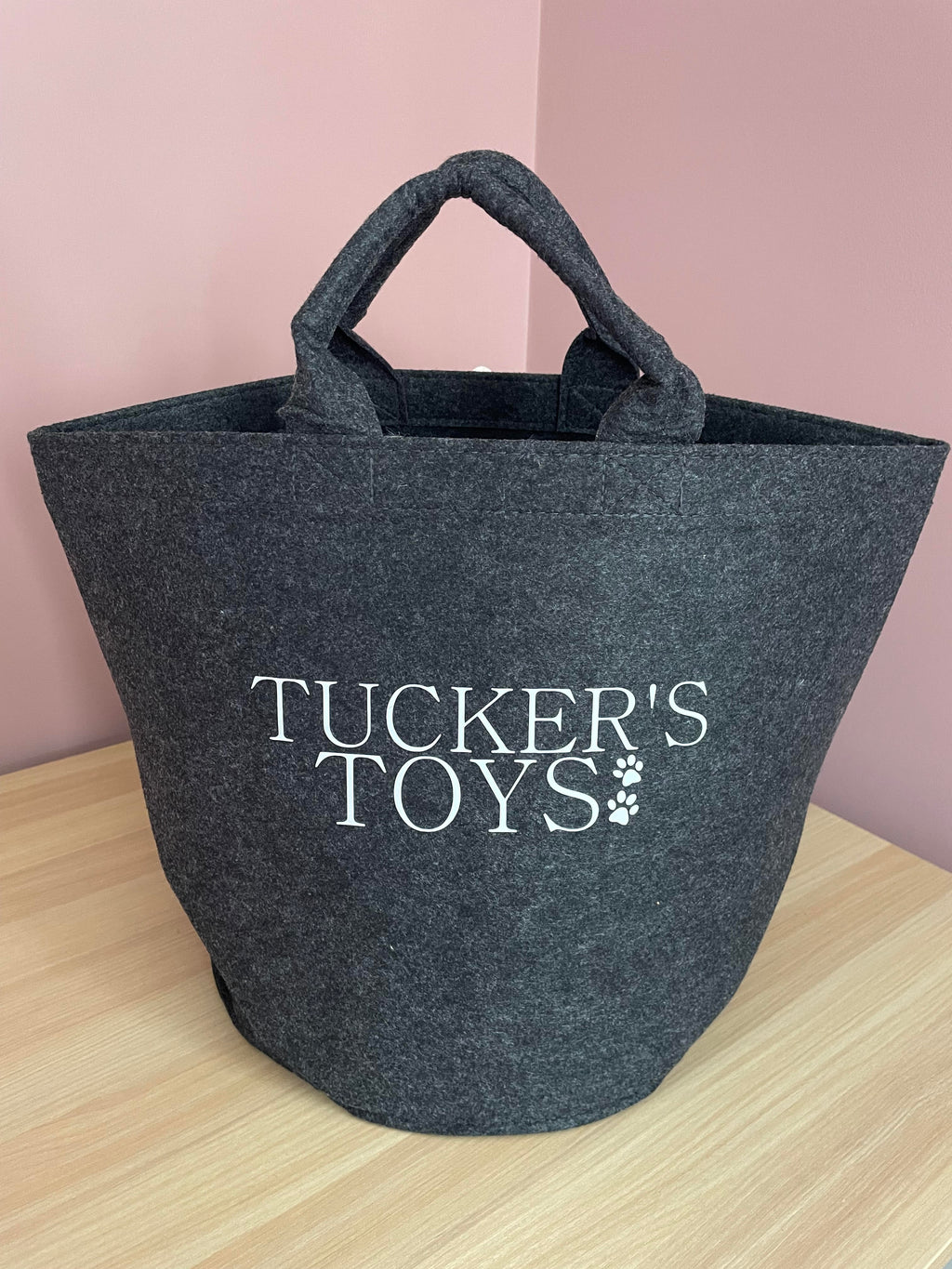 Charcoal personalised dog toy basket customised with a dog's name, stylish pet toy storage.