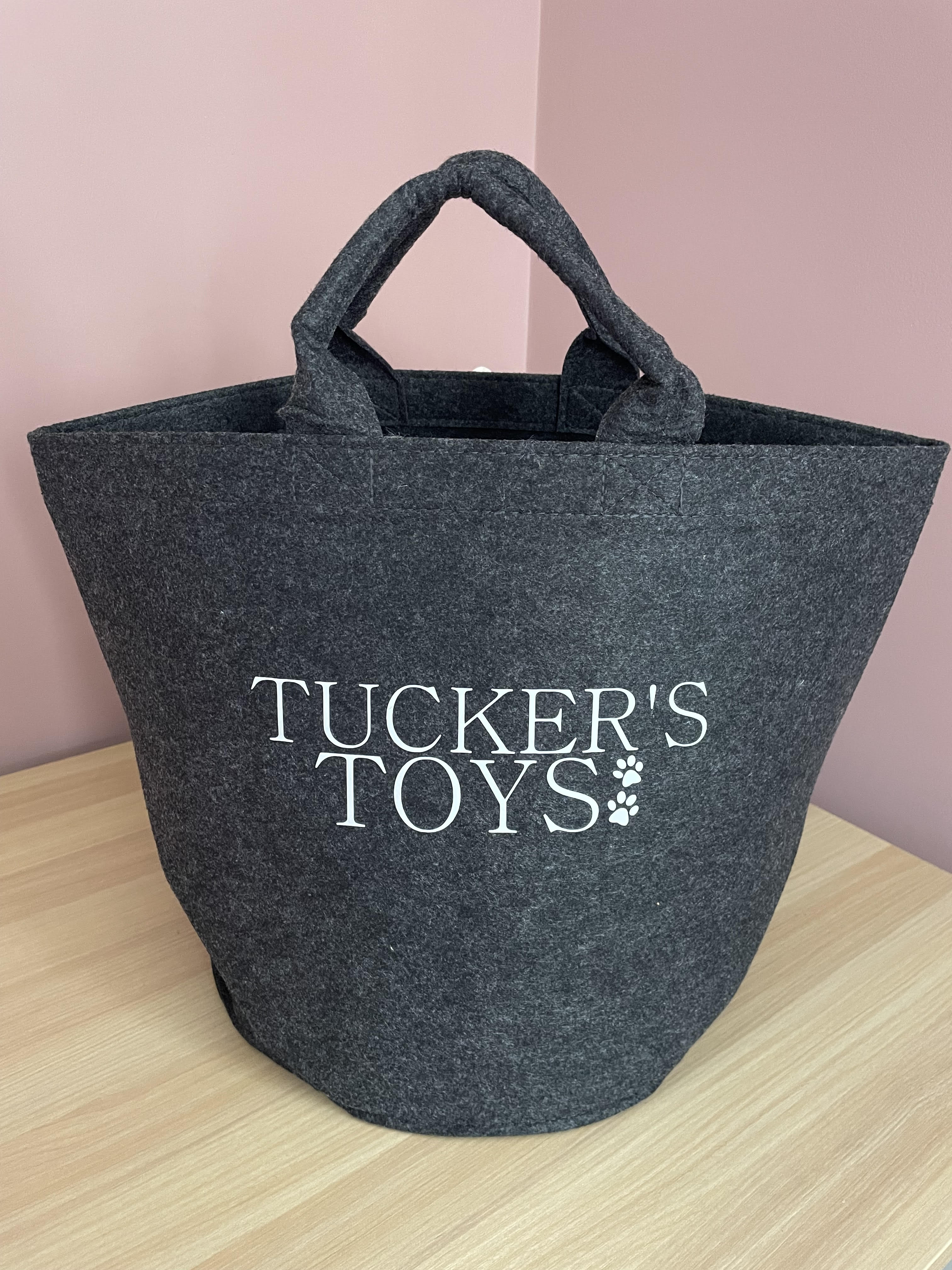 Charcoal personalised dog toy basket customised with a dog's name, stylish pet toy storage.