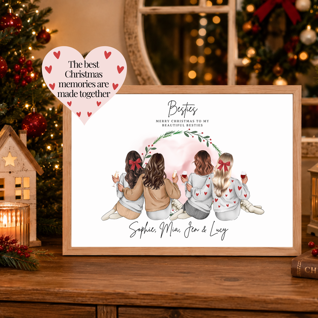 Personalised Christmas print with four best friends holding festive drinks and wearing custom festive outfits. Festive friendship Christmas gift.