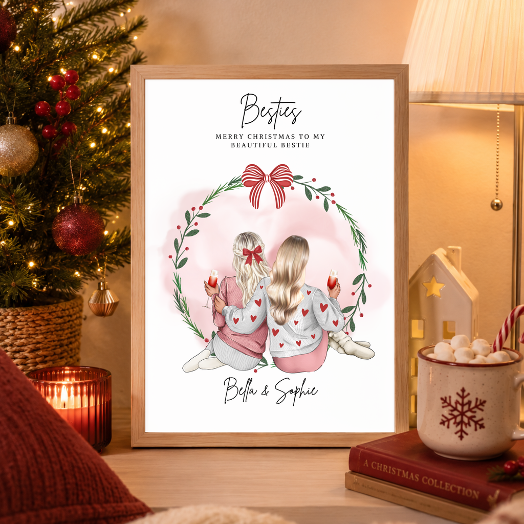 Personalised Christmas best friend print featuring two besties wearing matching festive outfits and festive red hair bows. A thoughtful Christmas gift for your best friend.