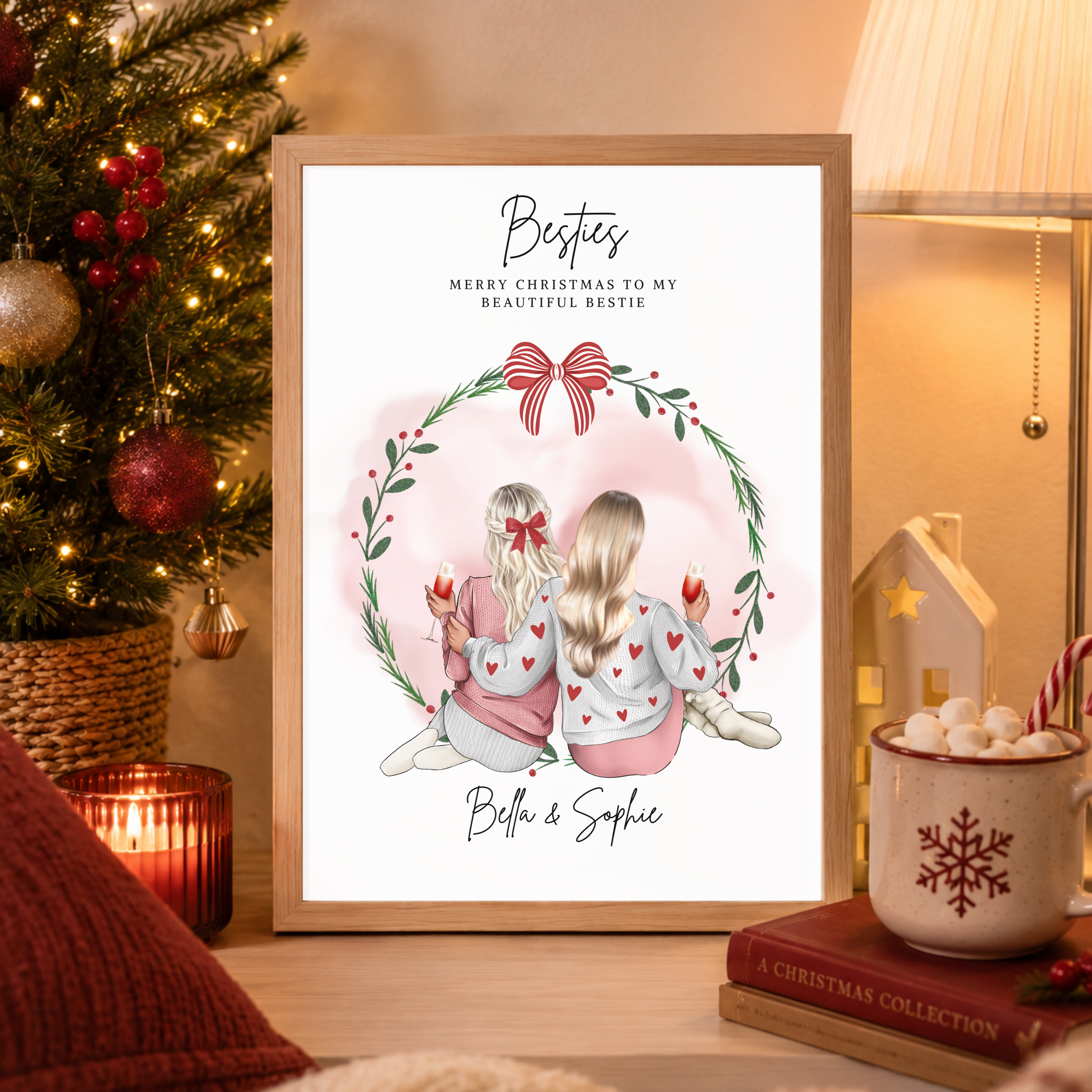 Personalised Christmas best friend print featuring two besties wearing matching festive outfits and festive red hair bows. A thoughtful Christmas gift for your best friend.
