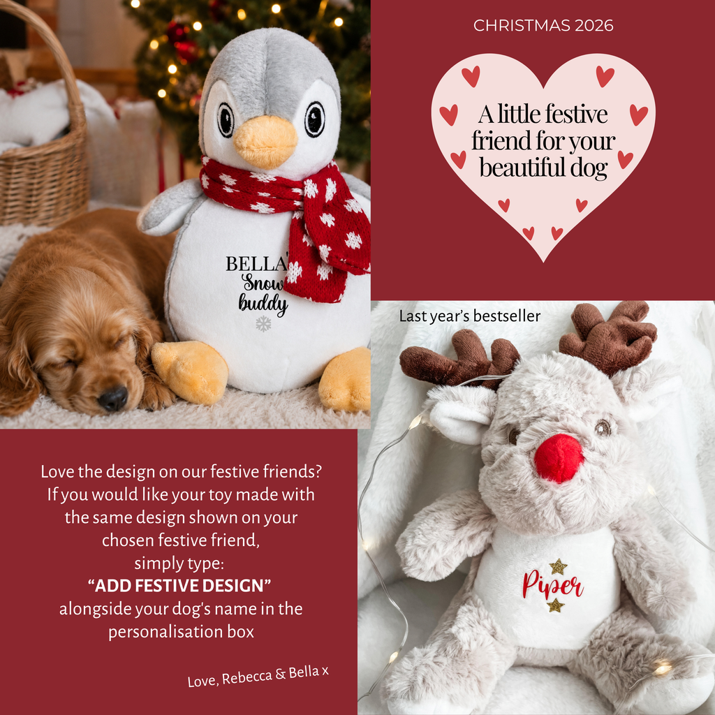 Personalised Christmas soft dog toys including a penguin and reindeer. Each toy is personalised with a dog's name and festive design. Custom dog Christmas gifts made by a dog owner.