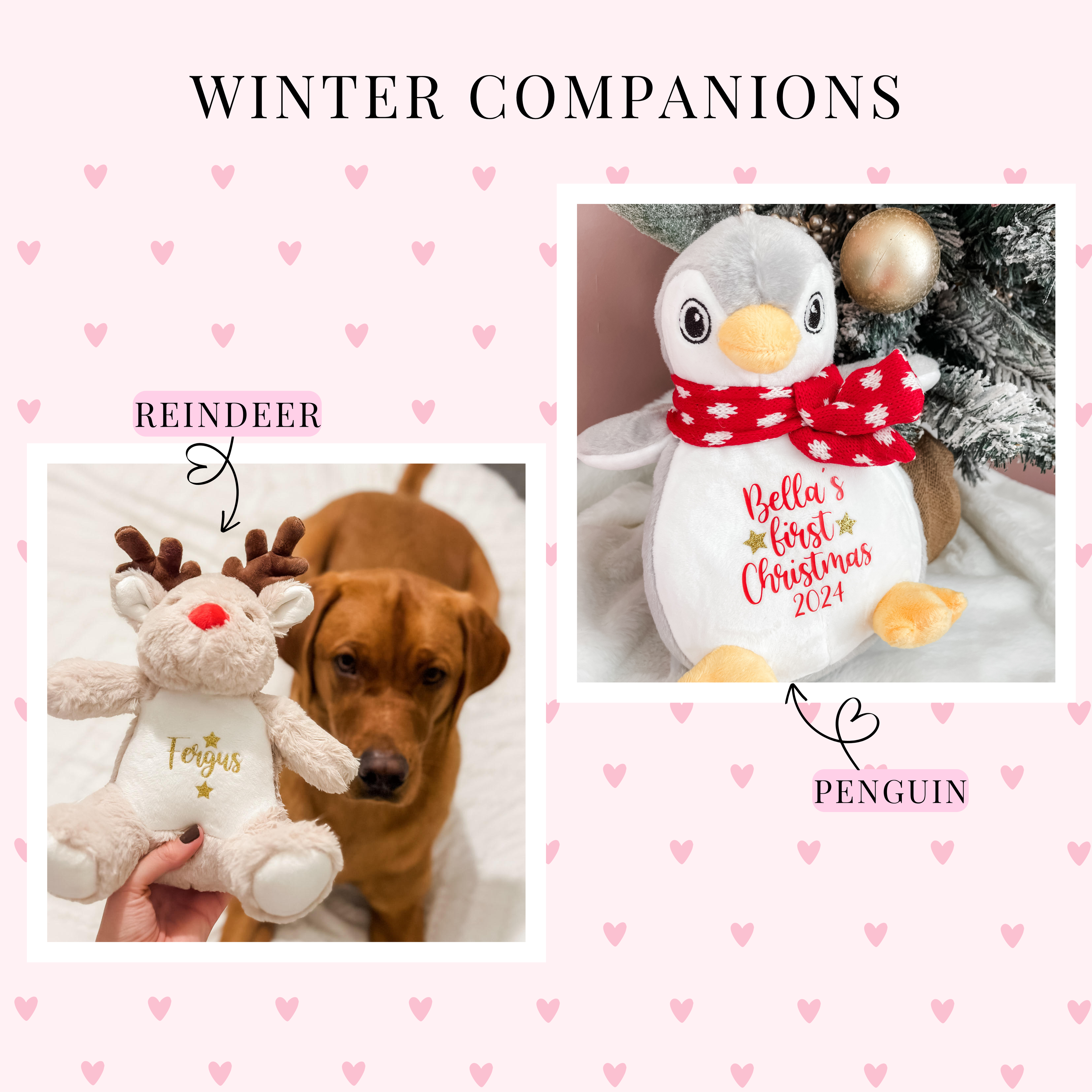 A promotional collage for winter pet companions on a light pink patterned background. The top text reads 'Winter Companions' featuring a reindeer and penguin toy. Custom dog Christmas gift.
