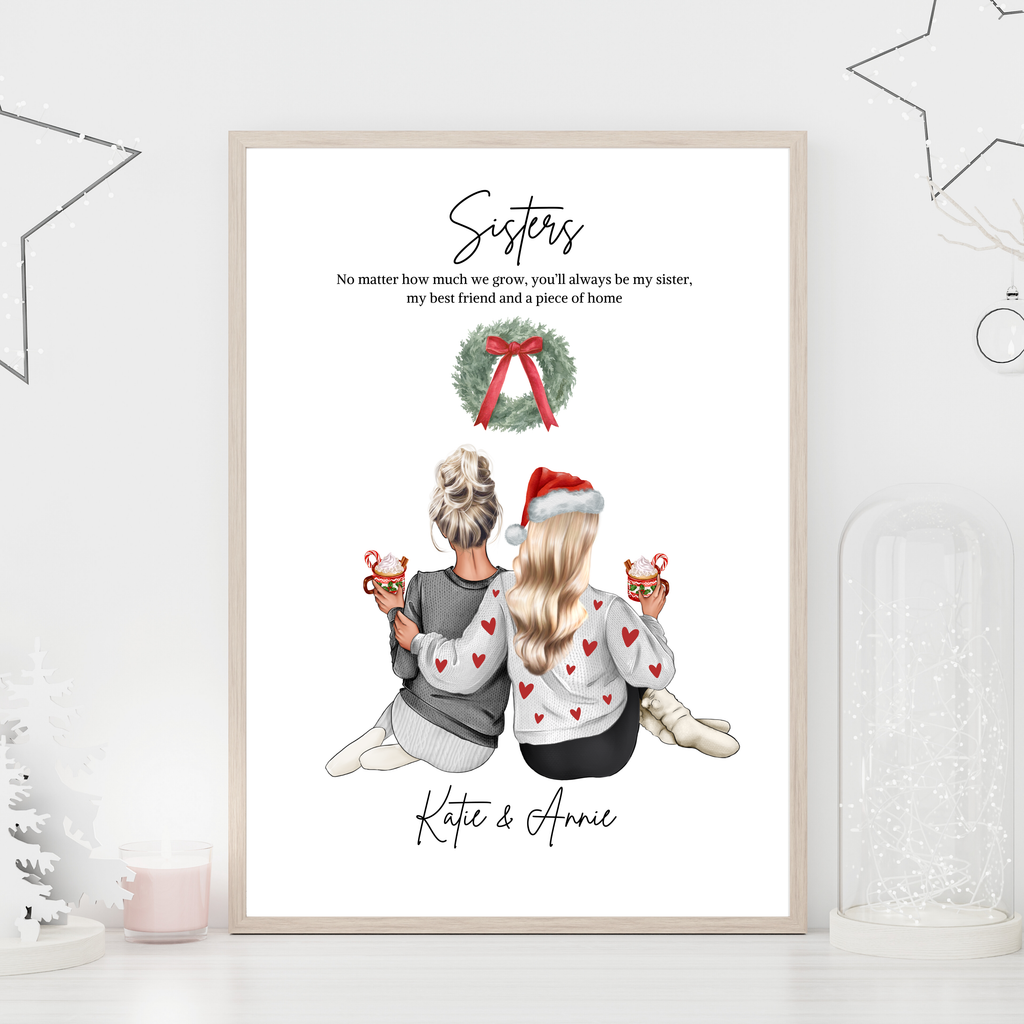 Festive personalised sisters Christmas print, thoughtful Christmas gift for her and custom gift for sister. 