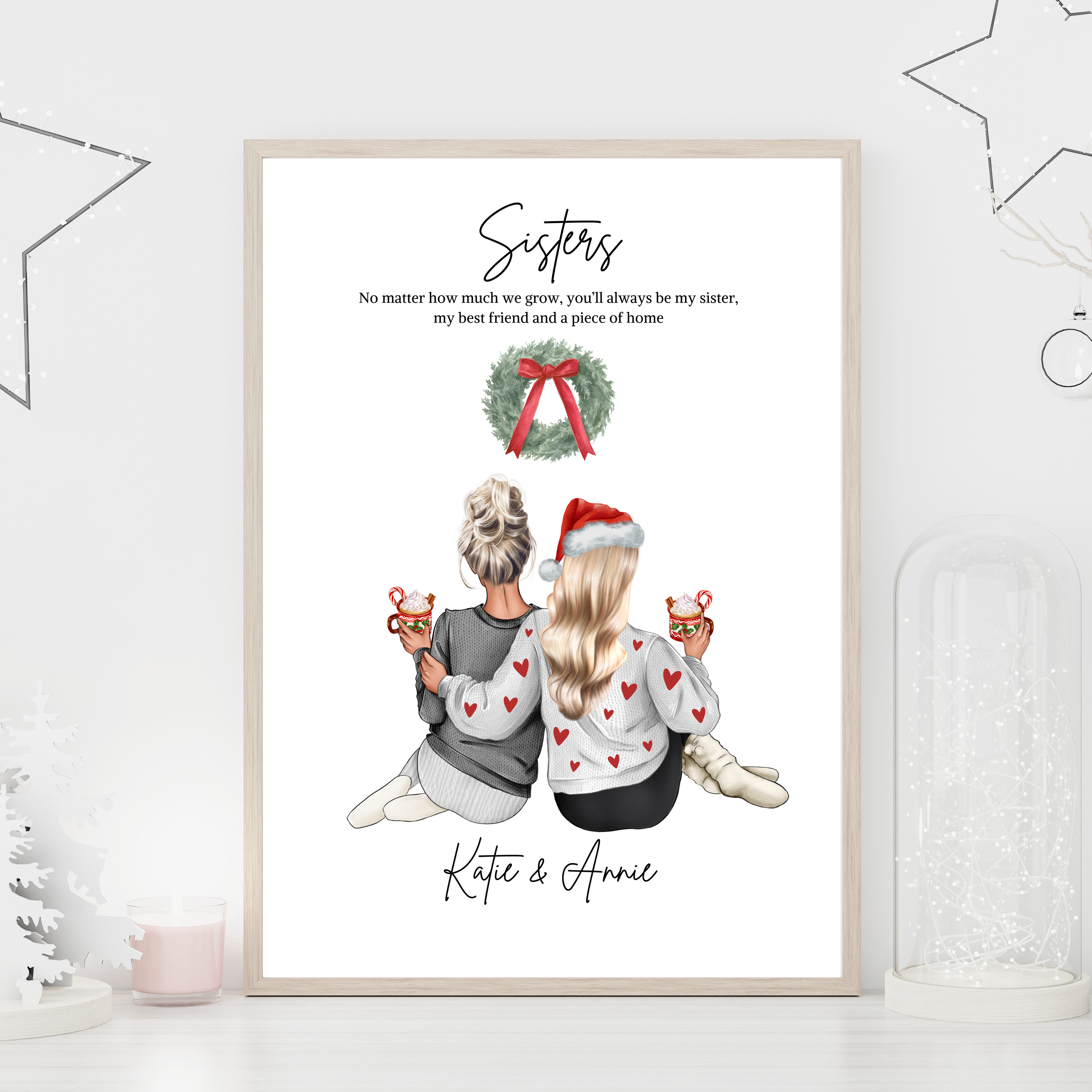 Festive personalised sisters Christmas print, thoughtful Christmas gift for her and custom gift for sister. 