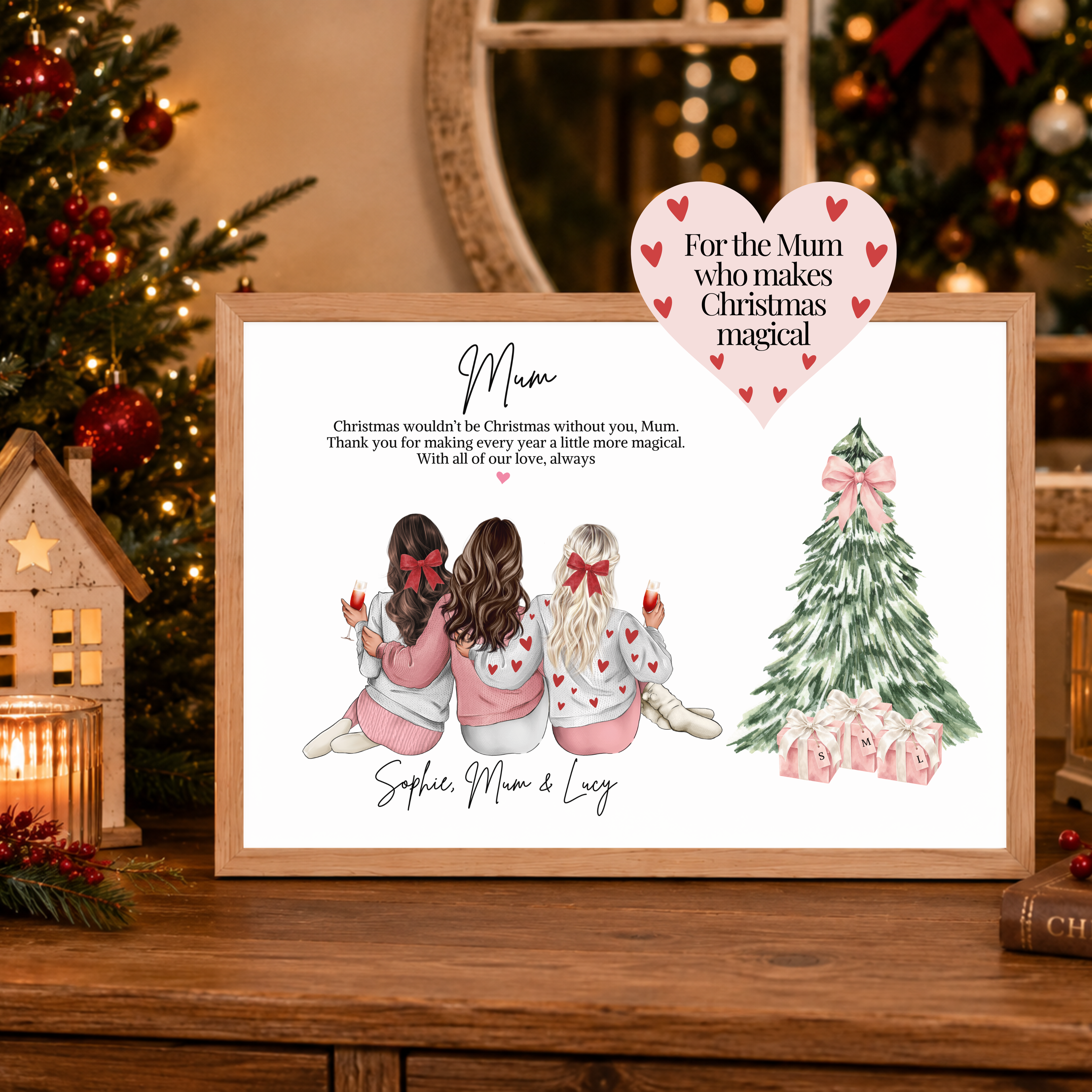 Personalised Christmas Mum and daughter print with two daughters wearing festive outfits. Custom mum and daughter gift, Christmas gift for mum from daughter, festive family wall art.