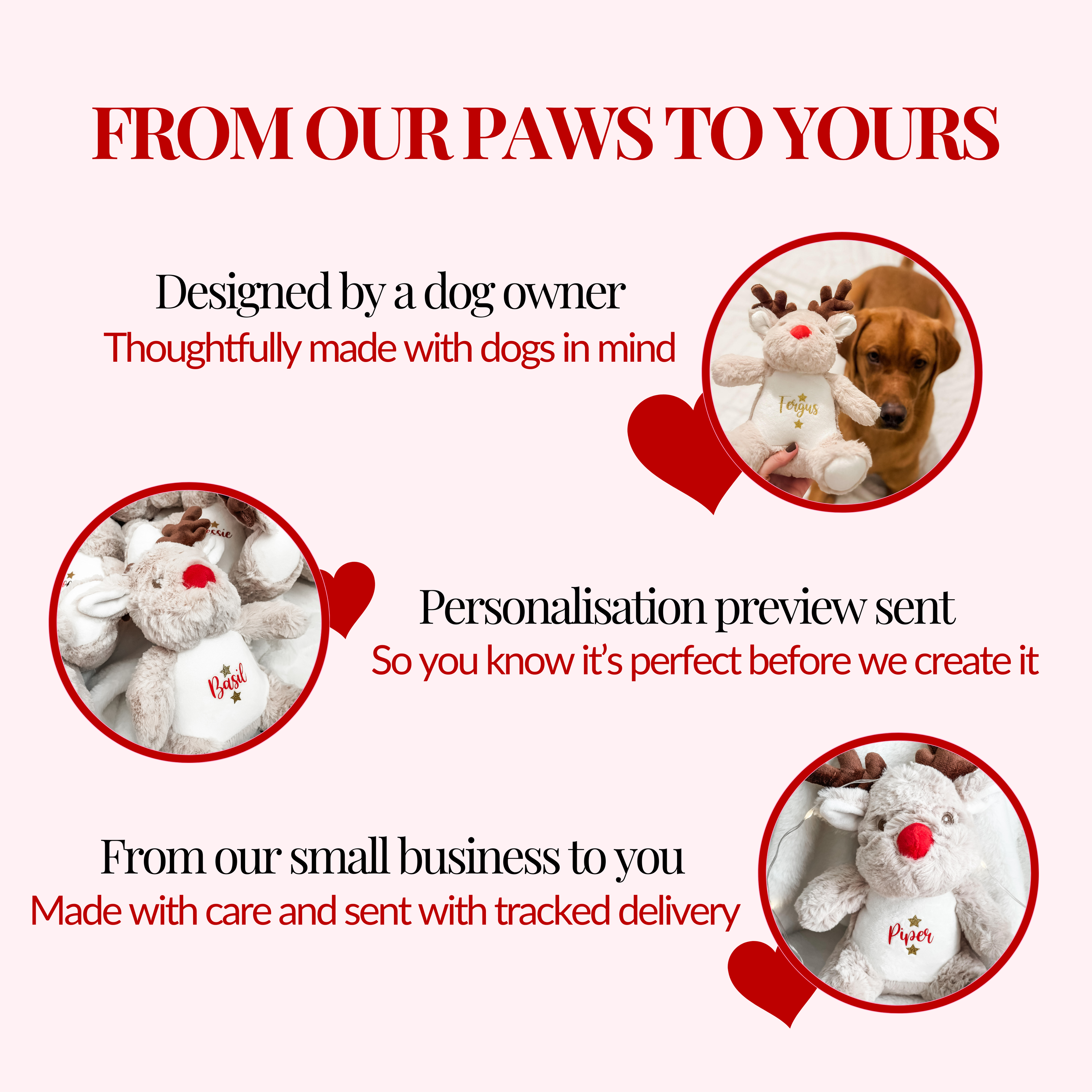 Personalised dog Christmas toy with custom name on an adorable reindeer toy. Personalised dog Christmas stocking filler.