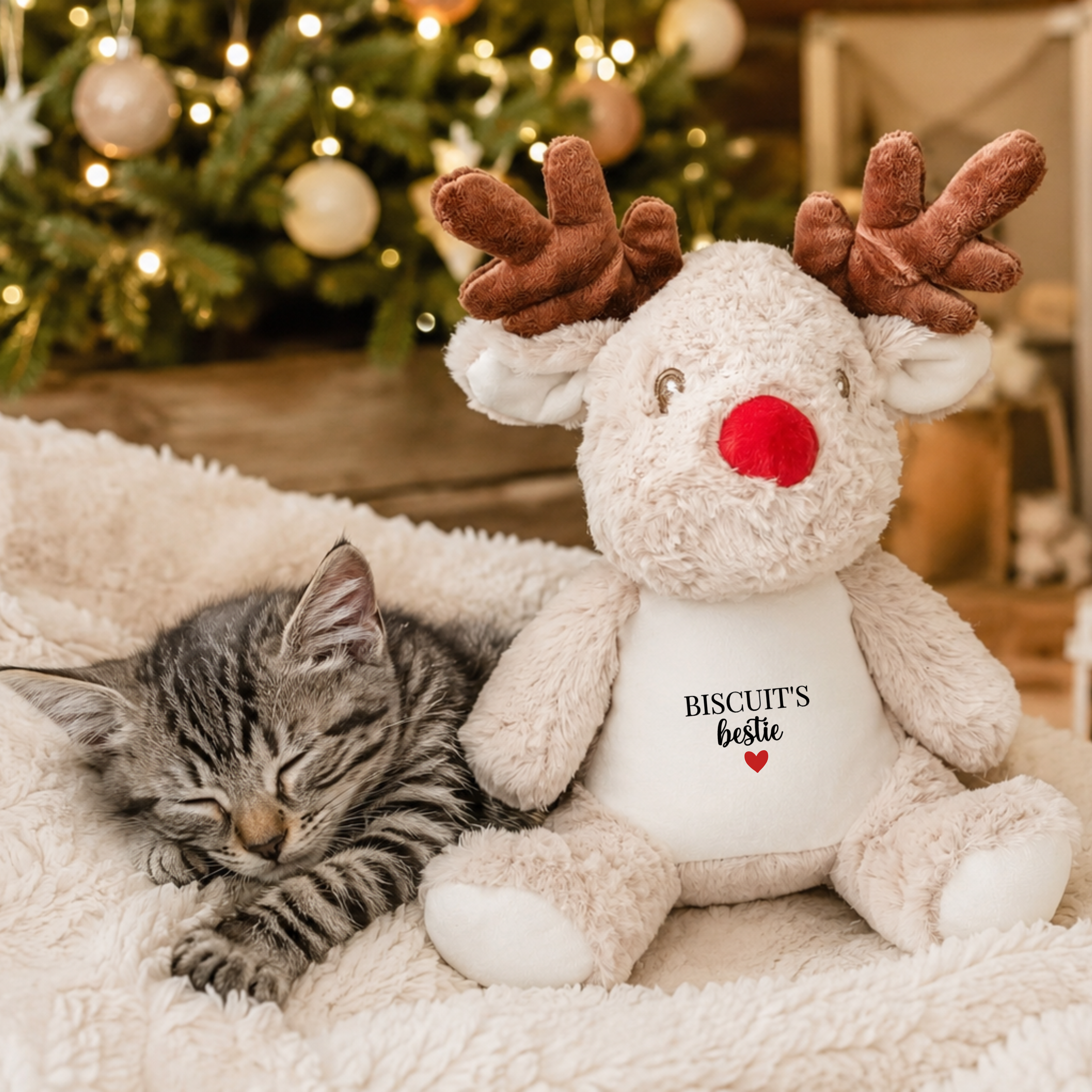 Personalised Christmas reindeer cat toy with kitten's name and bestie text, shown beside a sleeping kitten in a cosy Christmas home.