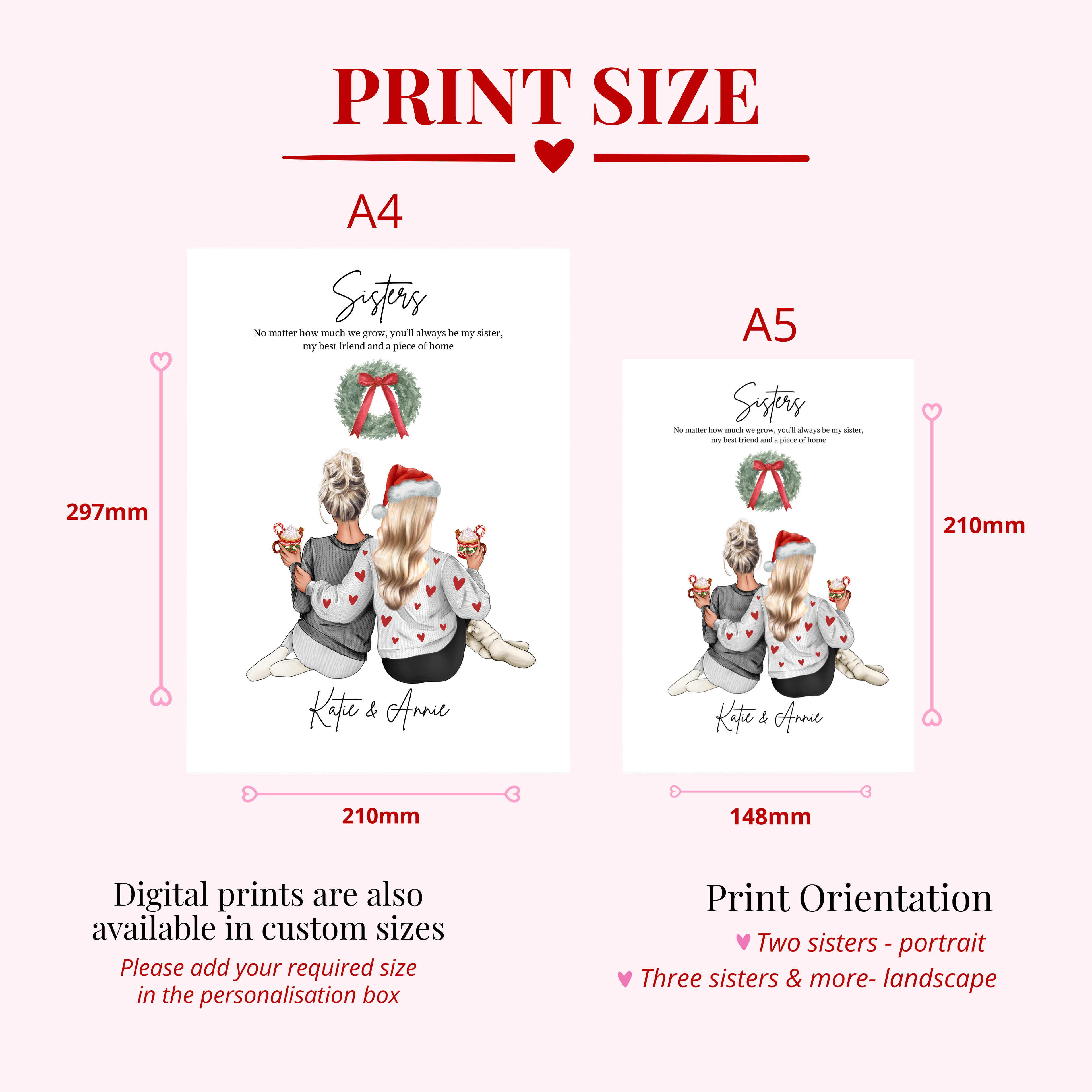 Personalised Christmas sisters print available in A5 and A4 professionally printed options or multiple sizes for a emailed copy. Custom sister Christmas digital gift.