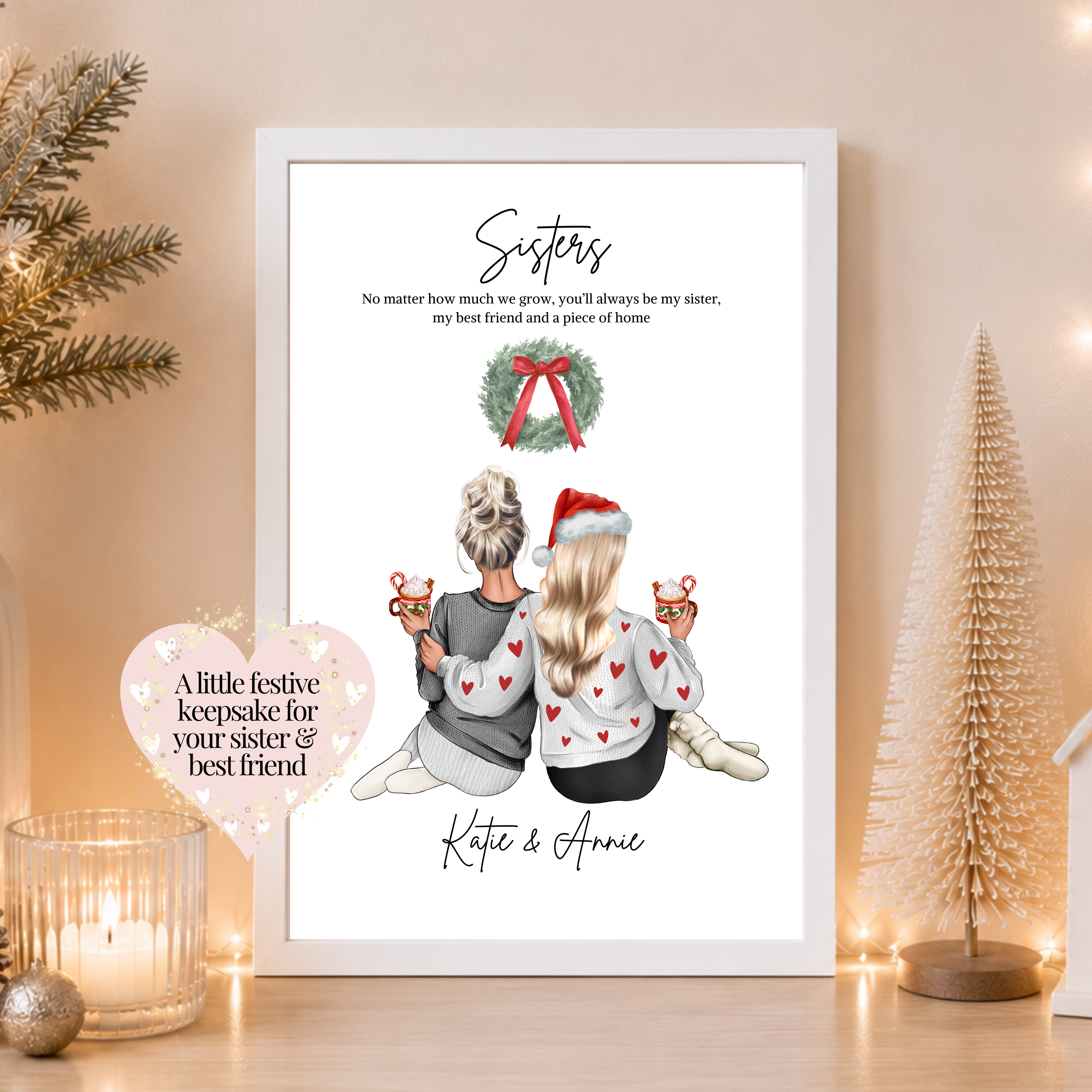 Personalised Christmas sisters print wearing festive outfits. Custom sister gift, Christmas gift for sister, festive family wall art.