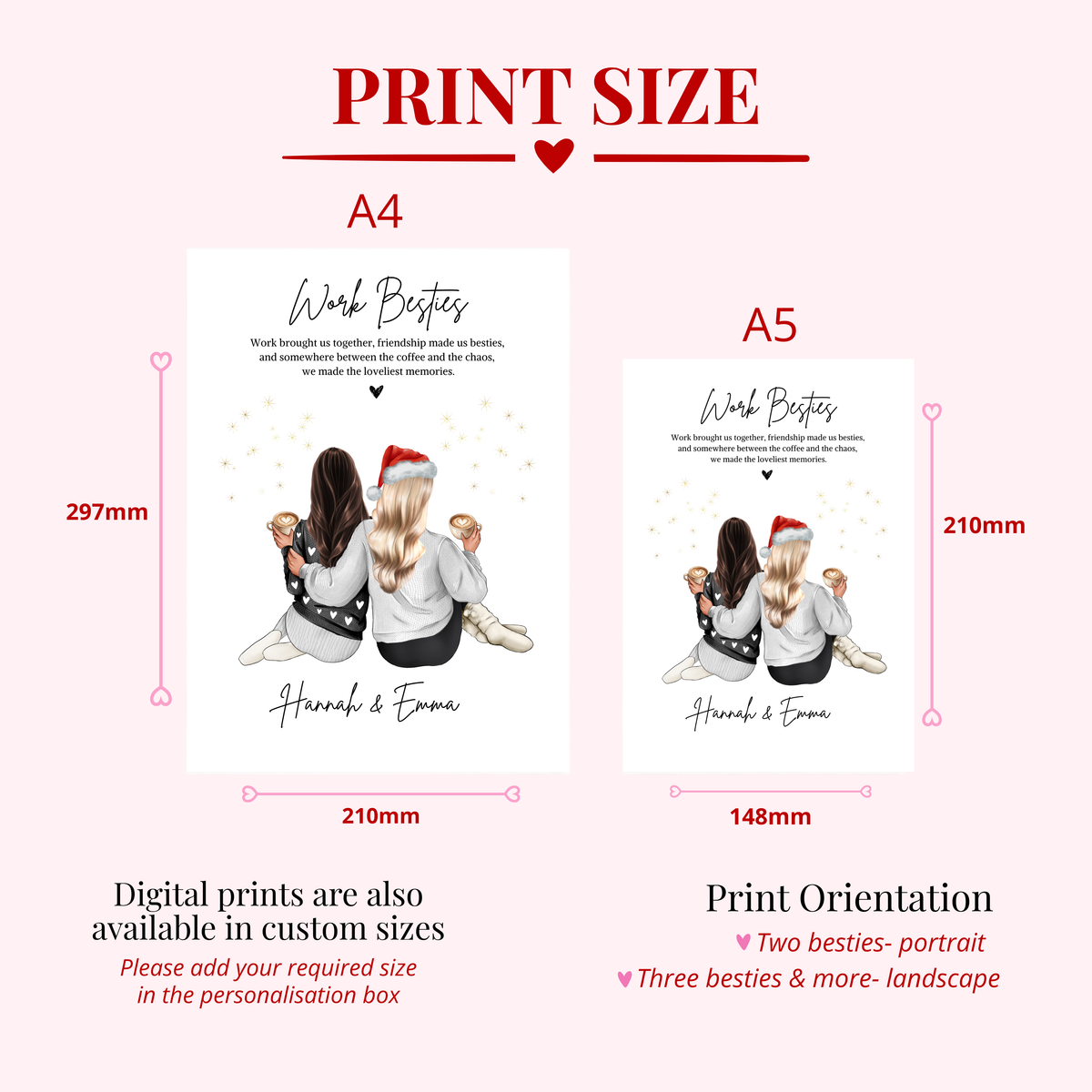 Christmas work besties print size guide showing A5, A4 and digital print options, personalised work bestie gift dimensions.