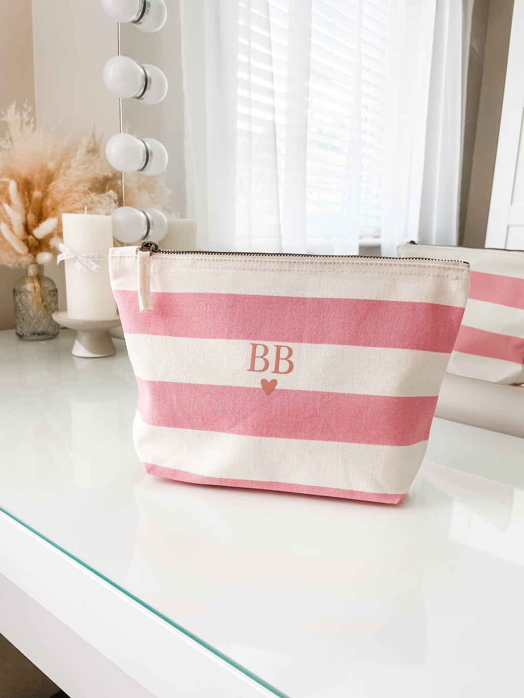Personalised makeup bag in pink natural stripe design, custom cosmetic storage pouch for organising beauty essentials.