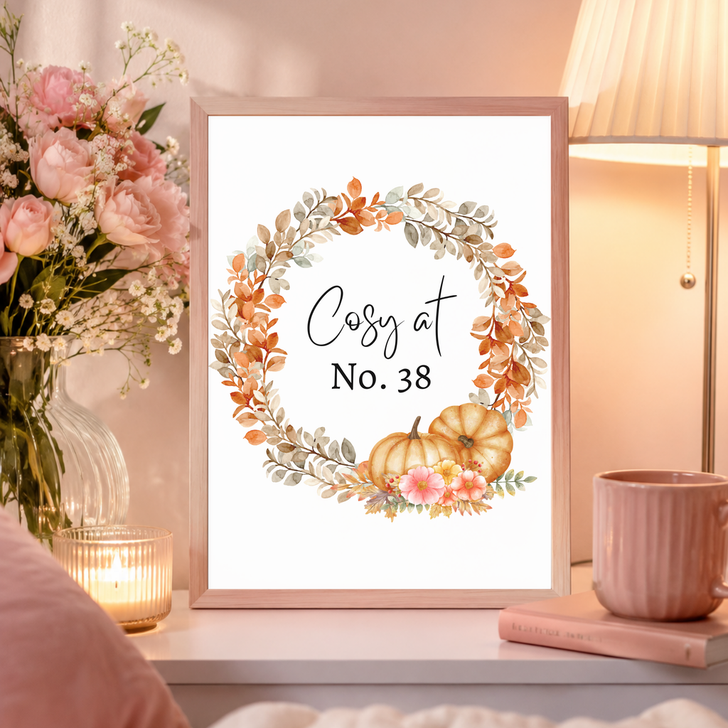 Personalised cosy home autumn print featuring a custom house number, beautiful seasonal wall art for autumn lovers.