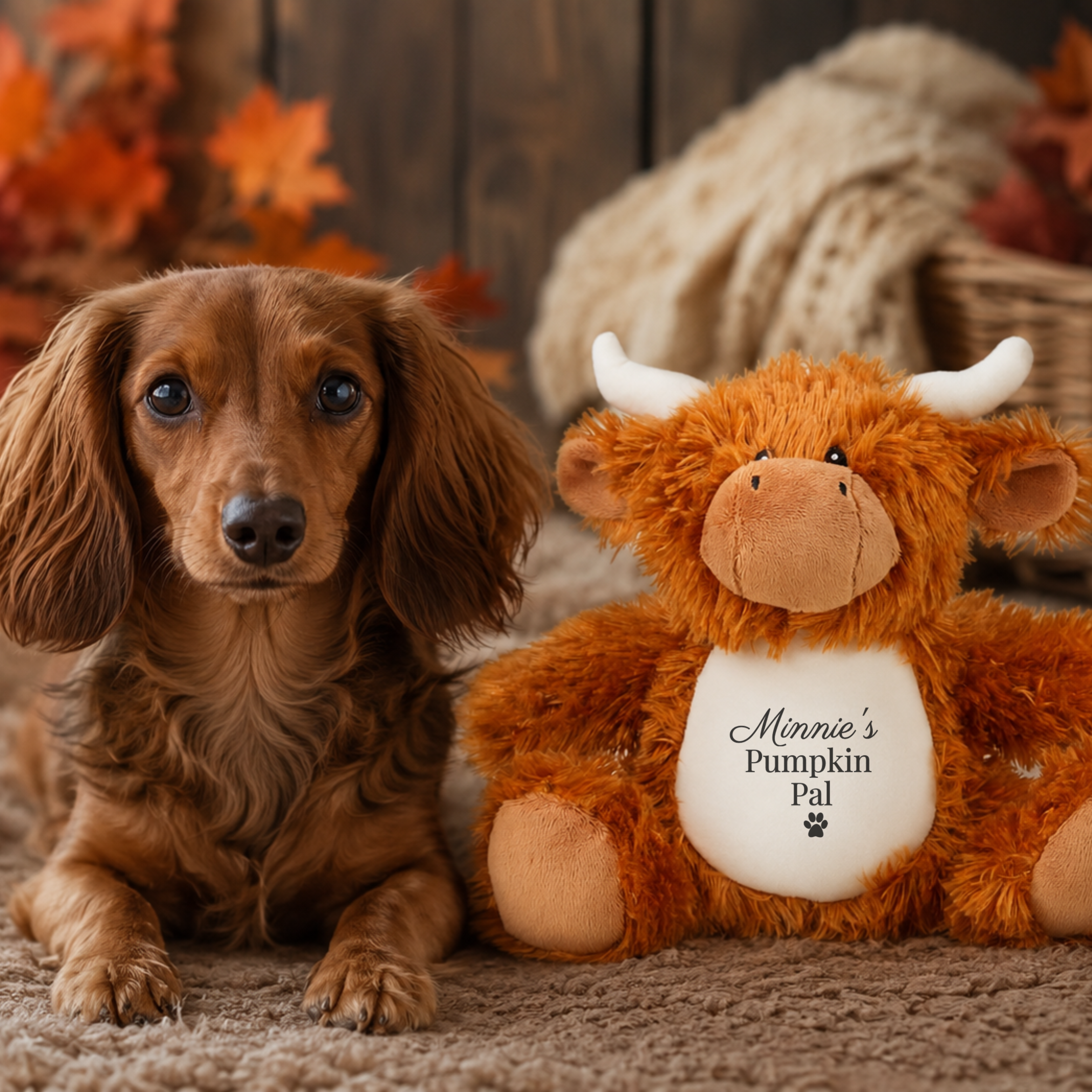 Personalised highland cow dog toy with dog's name and pumpkin pal design, custom autumn dog toy beside a dog. Halloween dog gift and personalised dog toy.
