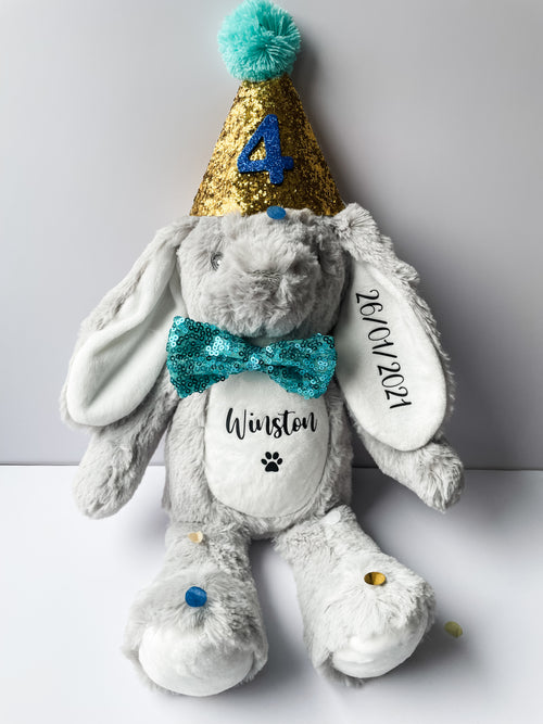 Grey personalised birthday bunny customised with dog's name and date of birth. Personalised dog birthday gift.