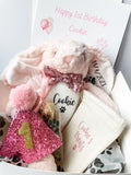 Personalised dog birthday hamper with bunny toy, birthday hat, treats and gift box. Luxury personalised dog birthday gift.