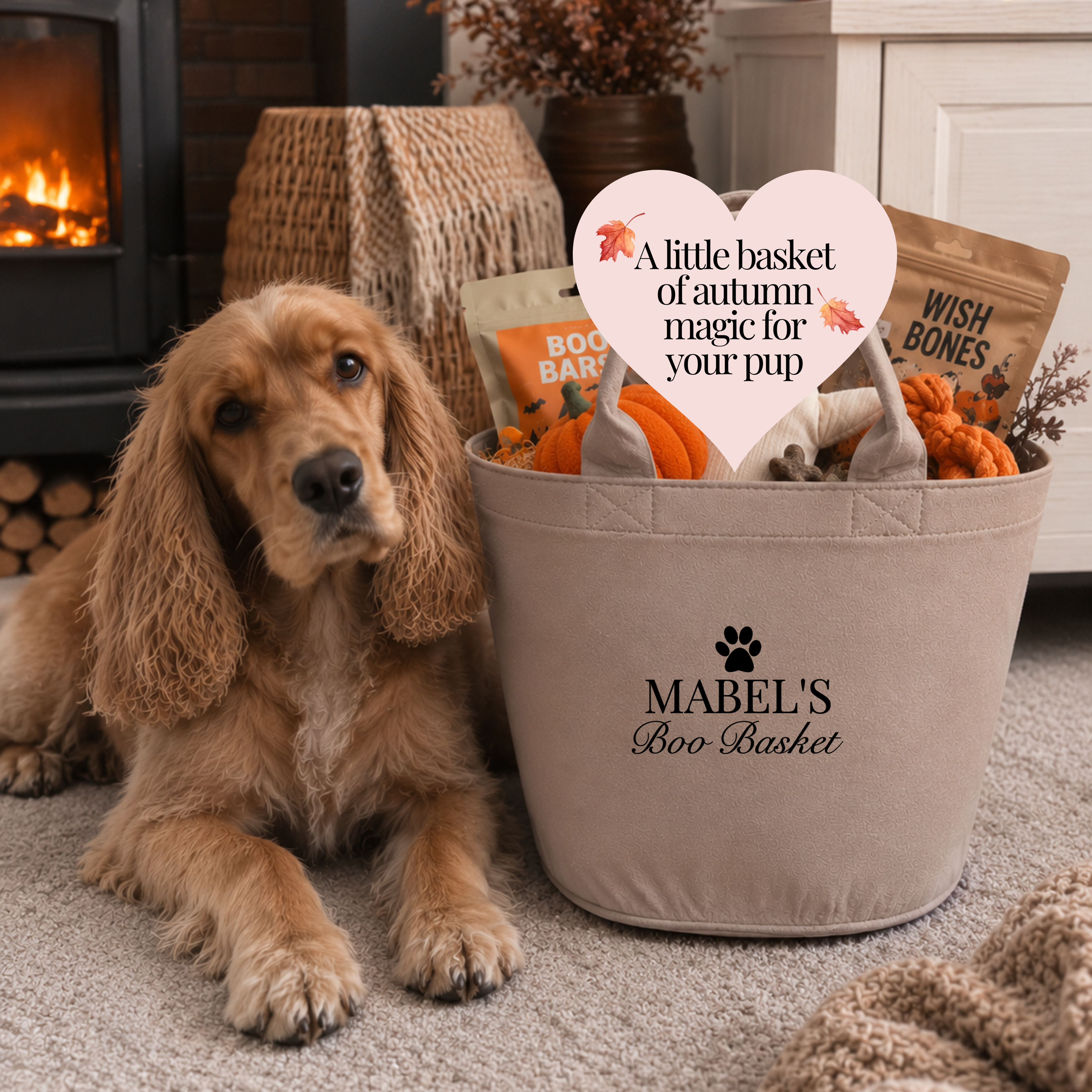 Personalised dog boo basket with dog's name in a cosy autumn home beside a happy dog, Halloween dog gift, autumn dog basket for toys, treats and seasonal goodies.