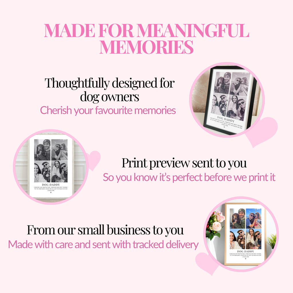 Personalised dog dad wall art created from your favourite photographs by a small business dog owner. Includes print preview before dispatch and free tracked delivery. Beautifully personalised dog dad birthday gift.