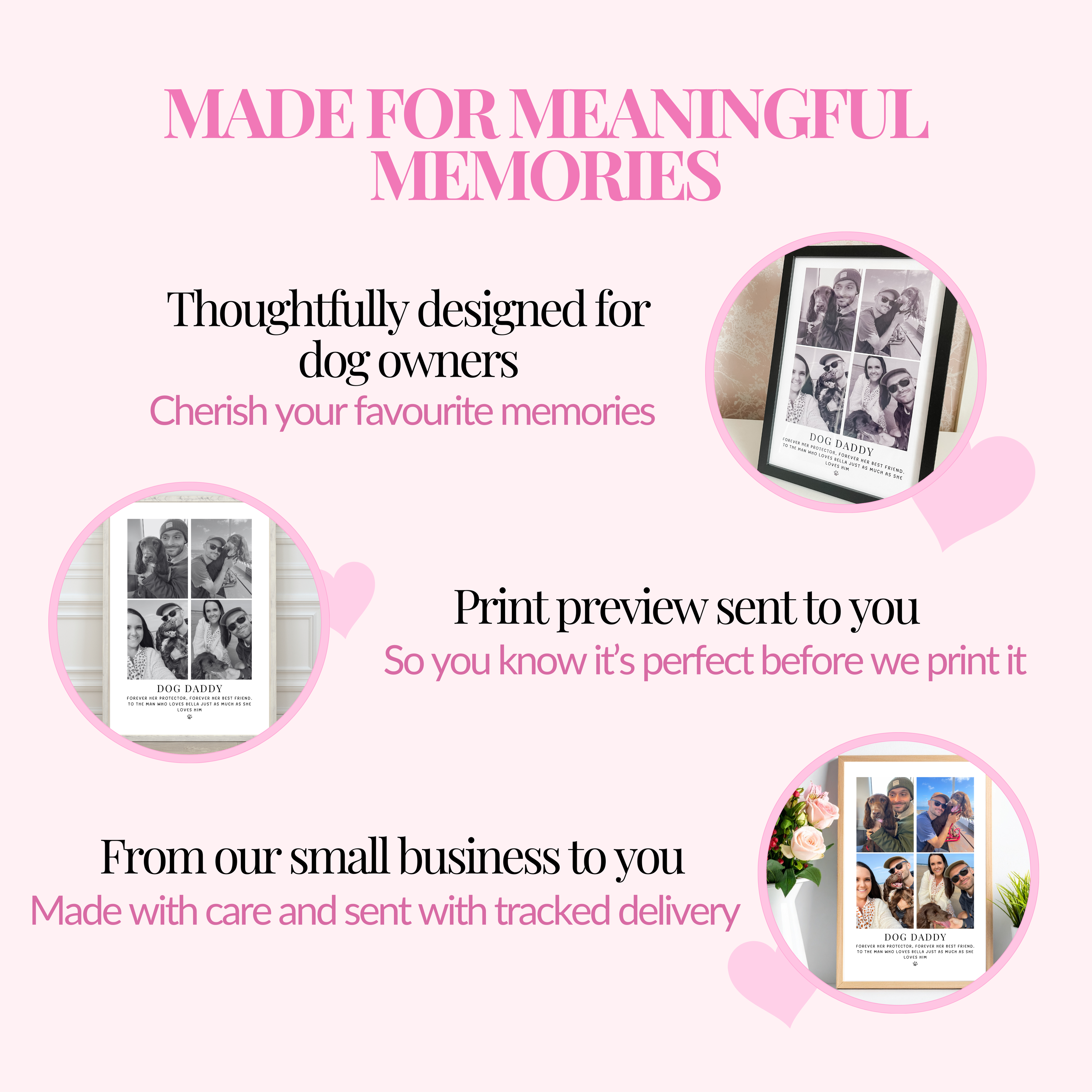 Personalised dog dad wall art created from your favourite photographs by a small business dog owner. Includes print preview before dispatch and free tracked delivery. Beautifully personalised dog dad birthday gift.