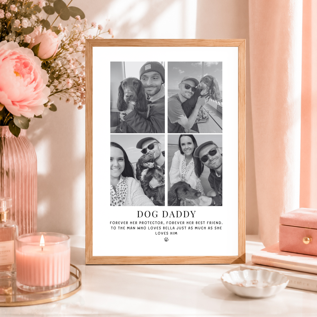 Personalised dog dad photo print with four favourite photos in black and white. Custom dog dad gift for Father's Day, birthdays and Christmas.