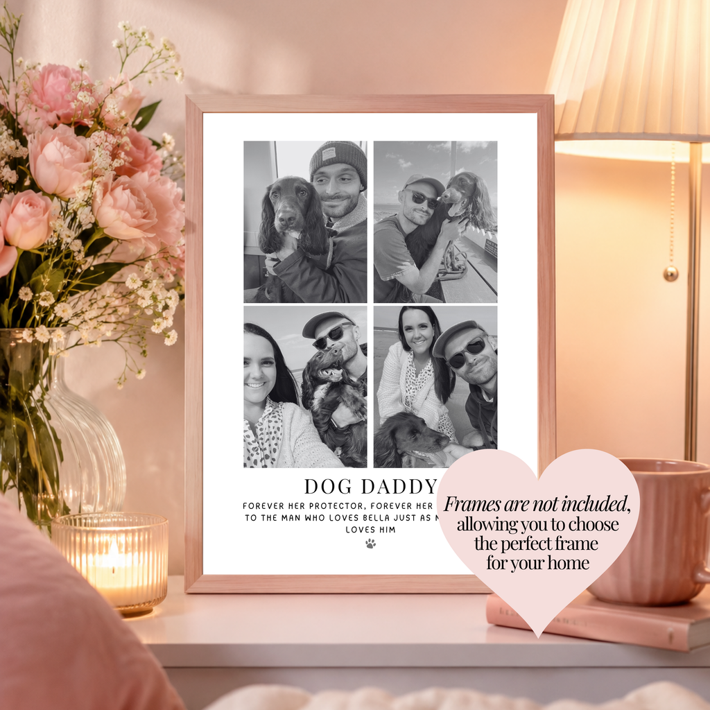 Personalised dog daddy photo print gifted from his dog featuring four photos of them together. Custom dog daddy gift from the gift.