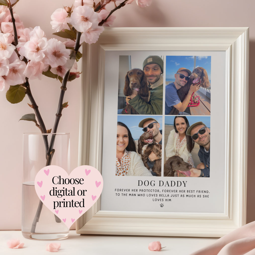 Framed personalised dog dad photo print available as an emailed version or professionally printed artwork. Dog lover gift for him.