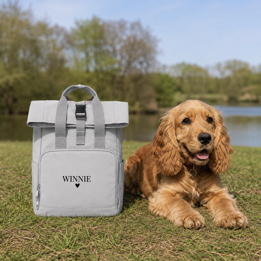 Personalised dog adventure backpack for long walks, hiking, holidays and outdoor adventures with your dog. Personalised dog travel bag.