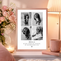 A framed custom pet memorial print featuring a black and white collage of a dog, displayed on a bedside table next to a pink mug, a candle and a vase of pink flowers. 