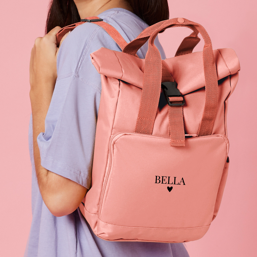 Pink personalised dog backpack with custom name, stylish dog walking backpack for walks, holidays and weekends away with your dog. Custom dog holiday bag.