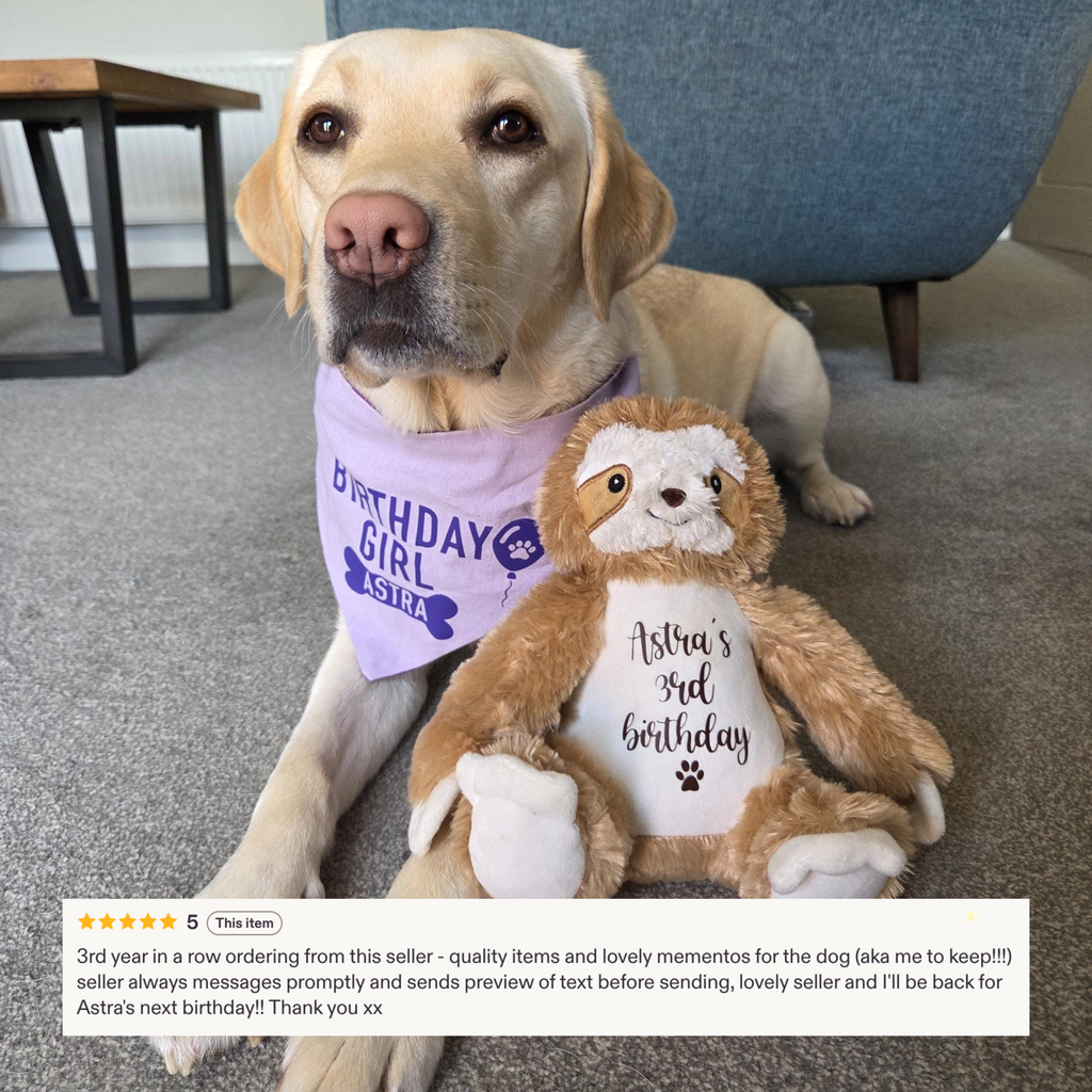 Personalised dog toy gifted to a dog on her birthday, featuring a 5 star customer review. Personalised dog toy shown next to a dog.