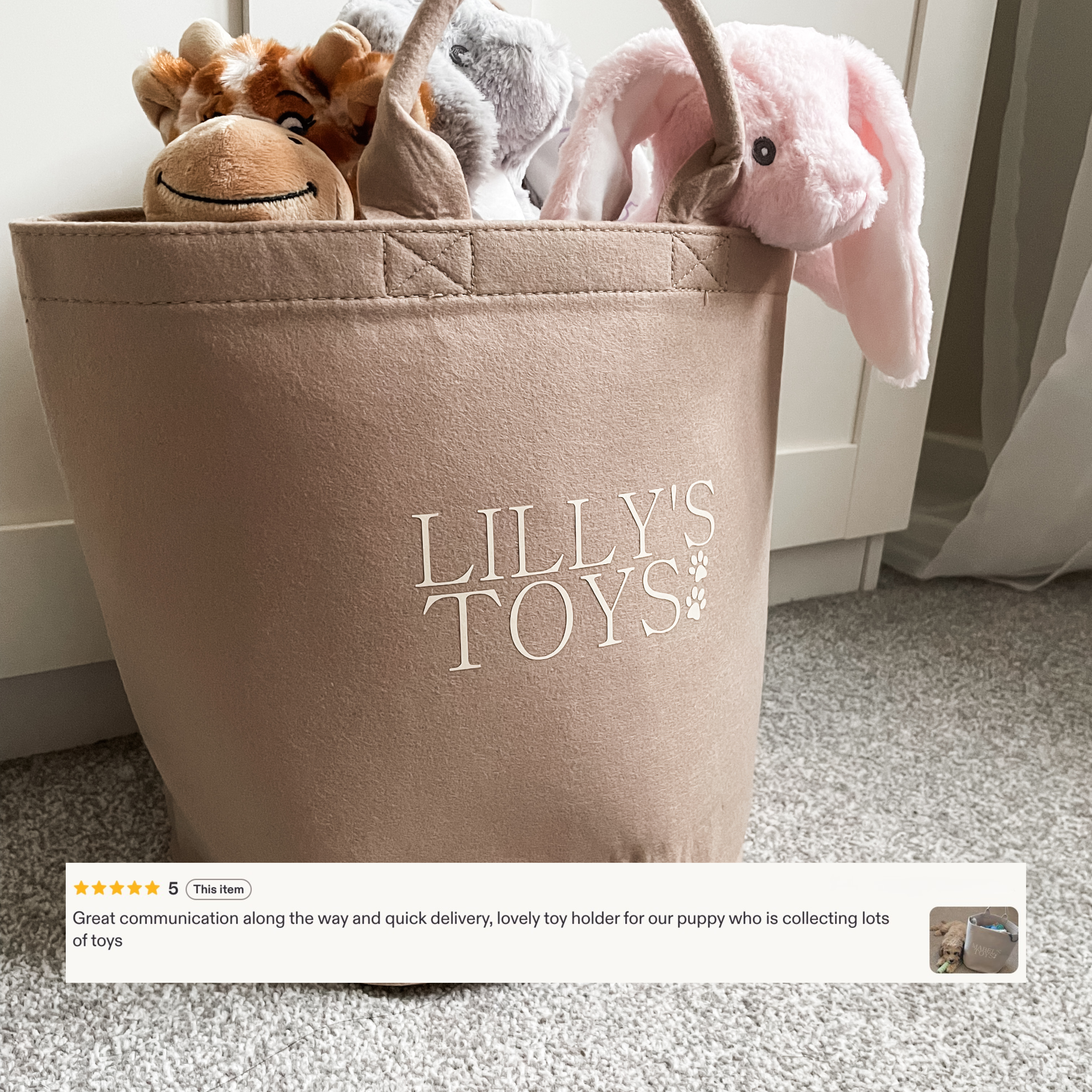 Personalised beige felt dog toy storage basket filled with plush dog toys in a cosy home with a five-star customer review.