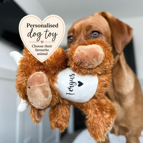 Personalised highland cow dog toy with custom name and heart symbol. Soft plush dog toy held in a dog's mouth with a note stating 'personalised dog toy, choose their favourite animal'.