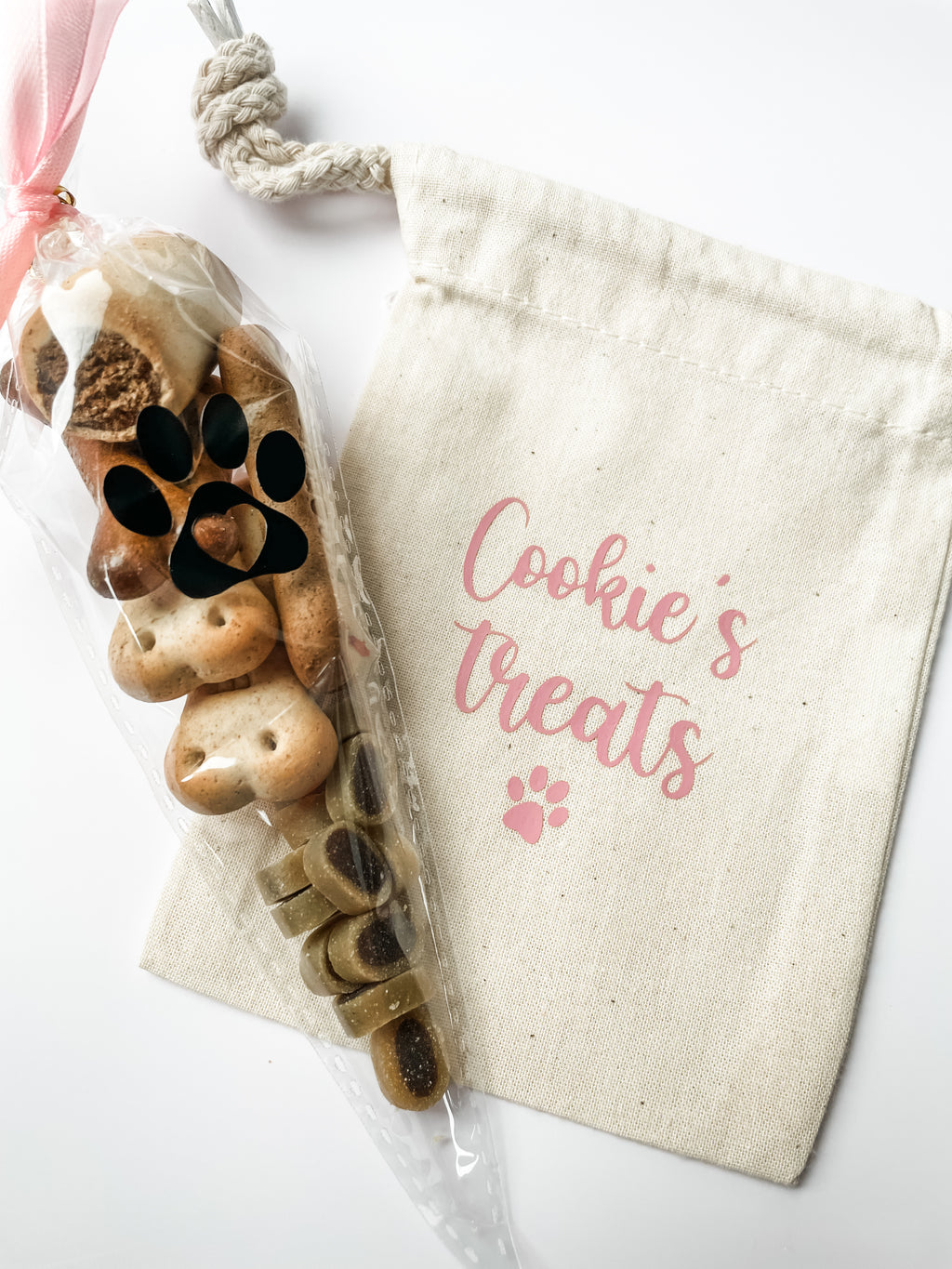 Personalised natural dog treat bag and birthday treat cone included inside luxury dog birthday hamper.