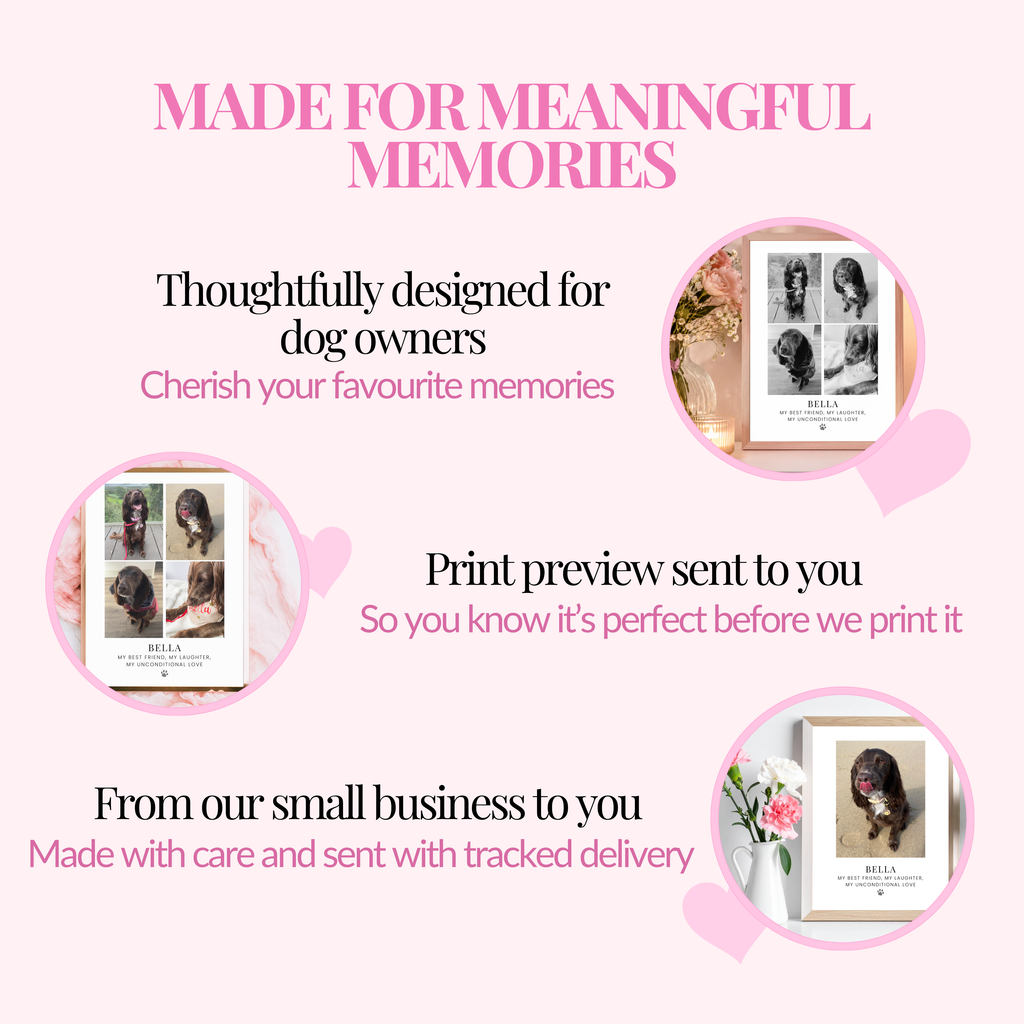 Personalised dog wall art created from your favourite photographs by a small business dog owner. Includes print preview before dispatch and free tracked delivery. 