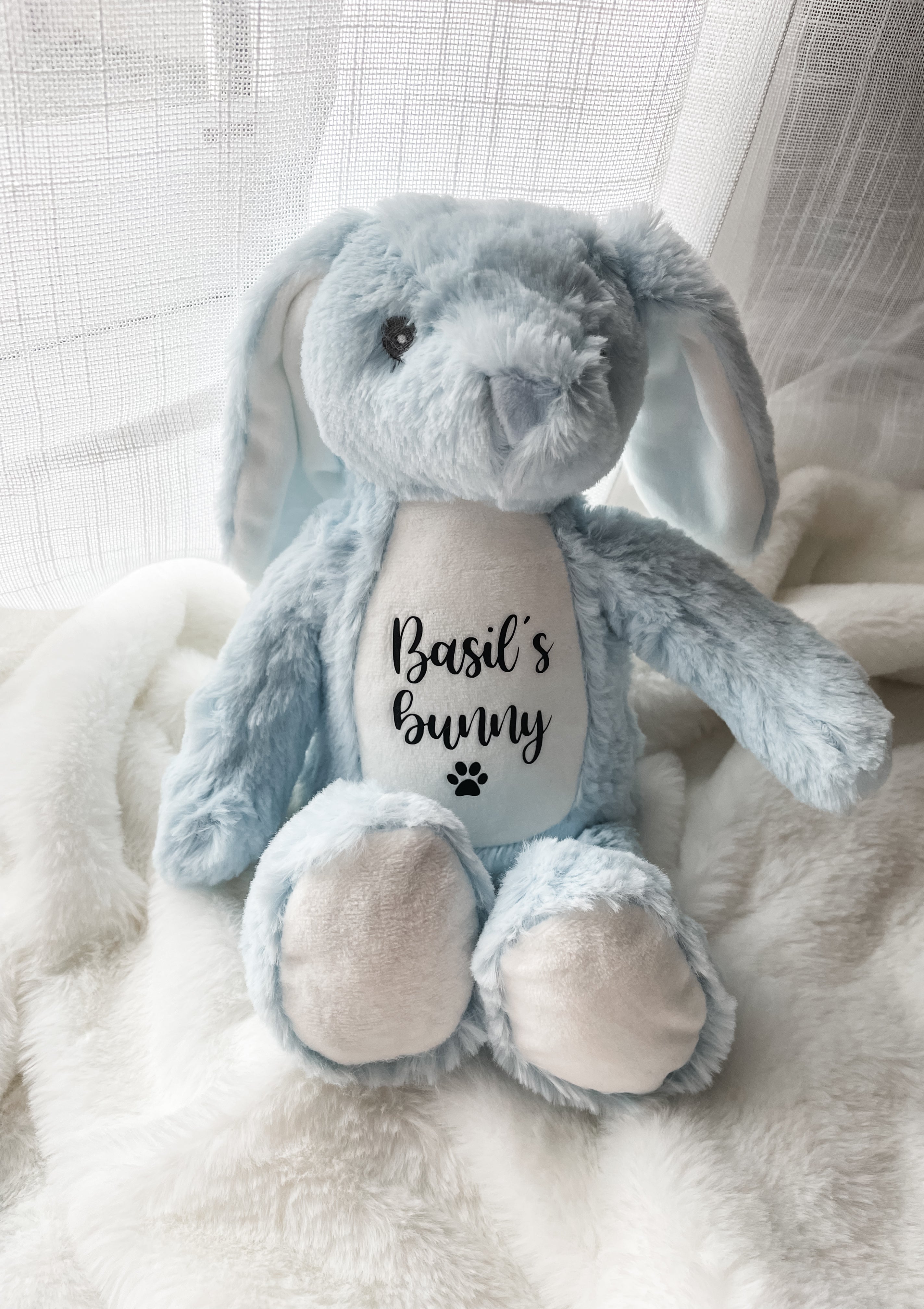 Blue personalised bunny dog toy customised with your dog's name. Beautiful Easter dog toy and personalised puppy gift.