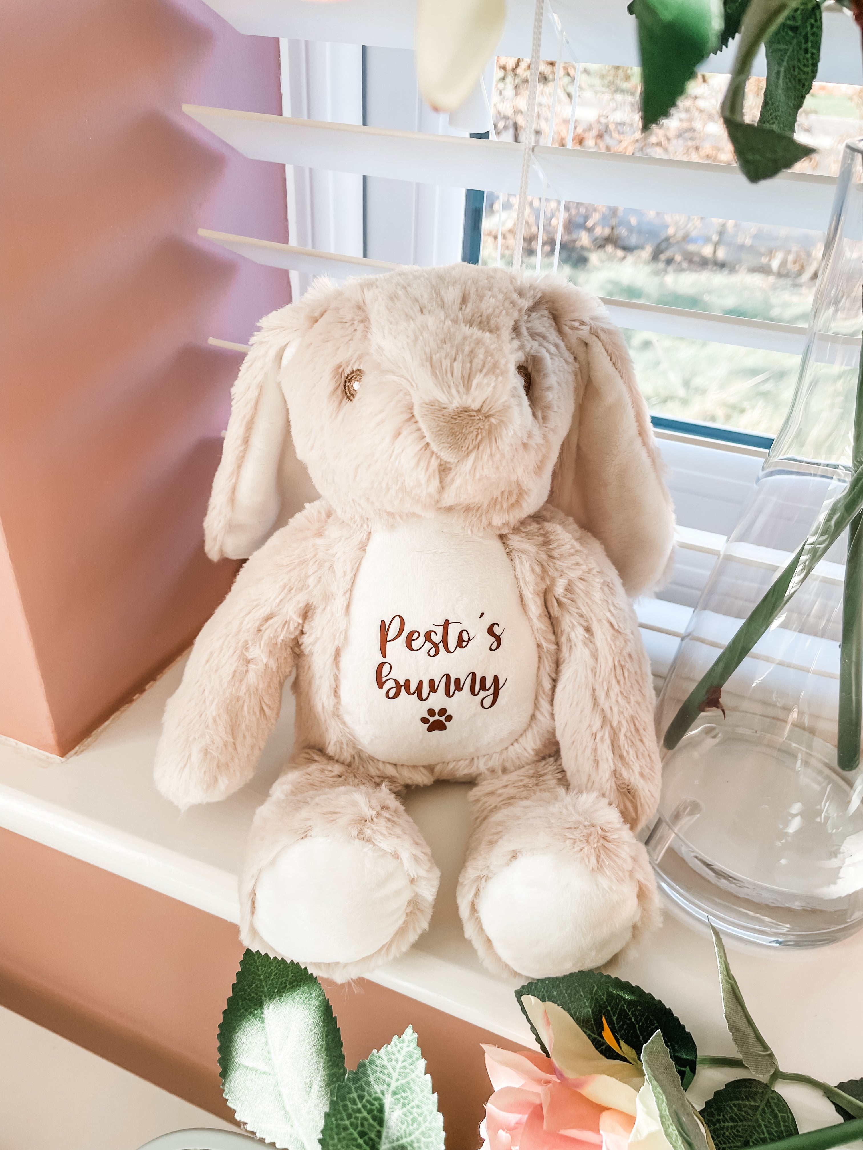 Light brown personalised bunny dog toy featuring your dog's name. Soft Easter bunny toy and personalised Easter gift for puppy.