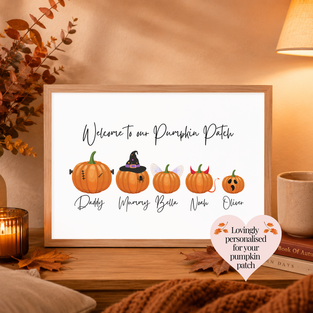 Personalised family pumpkin patch print featuring five pumpkins. Cosy autumn home decor for families. 