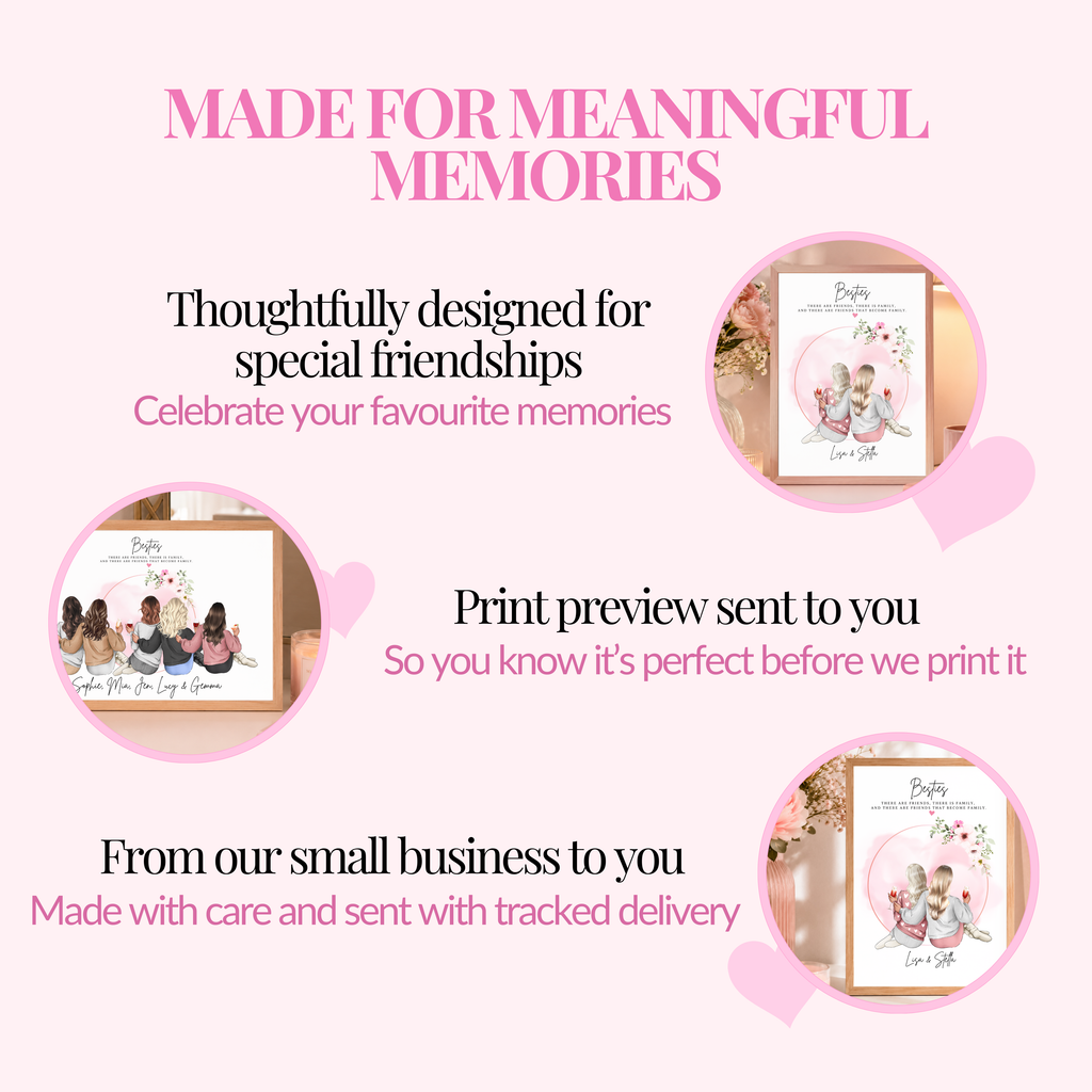 Personalised friendship print showing print preview and tracked delivery. A meaningful birthday gift for your best friend.