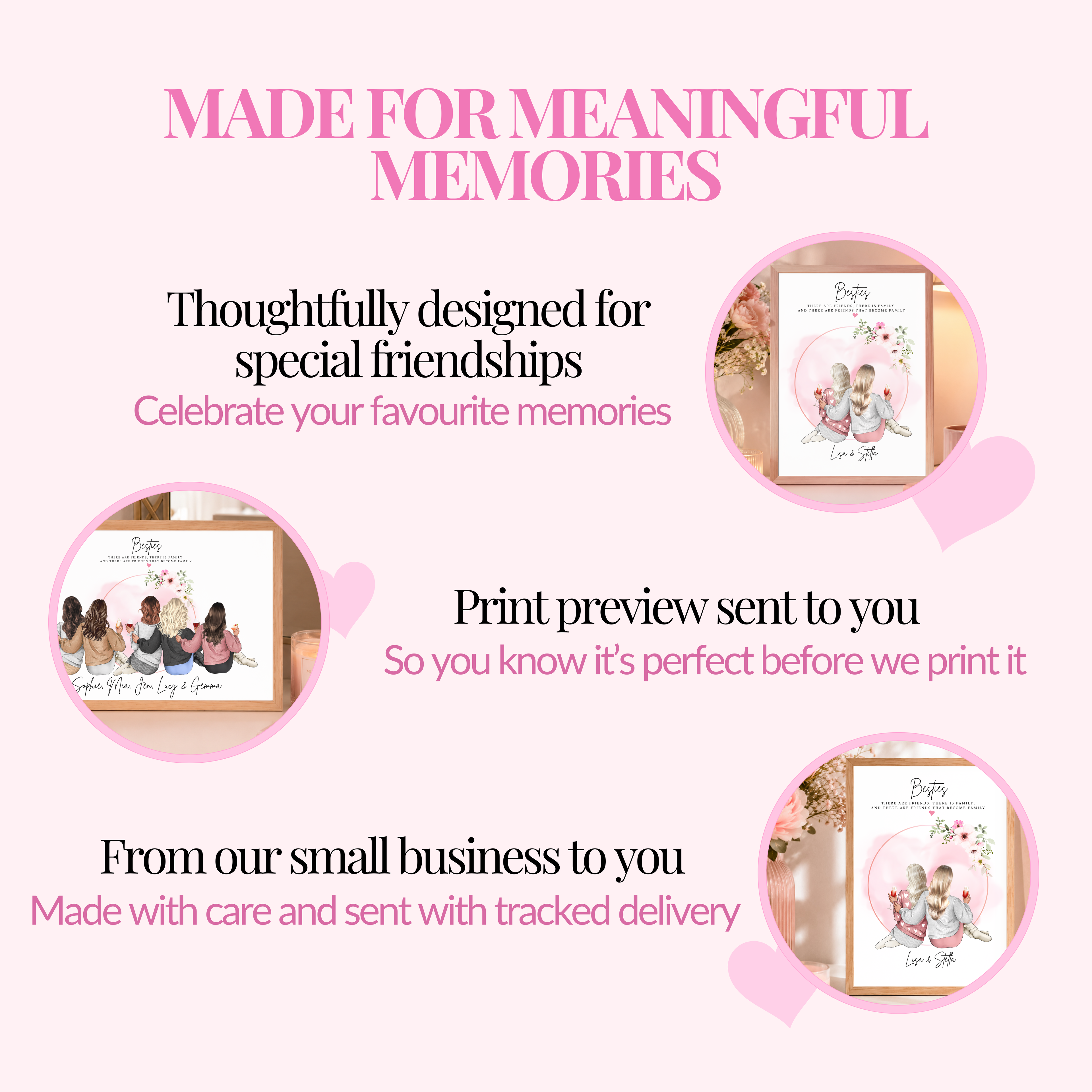 Personalised friendship print showing print preview and tracked delivery. A meaningful birthday gift for your best friend.