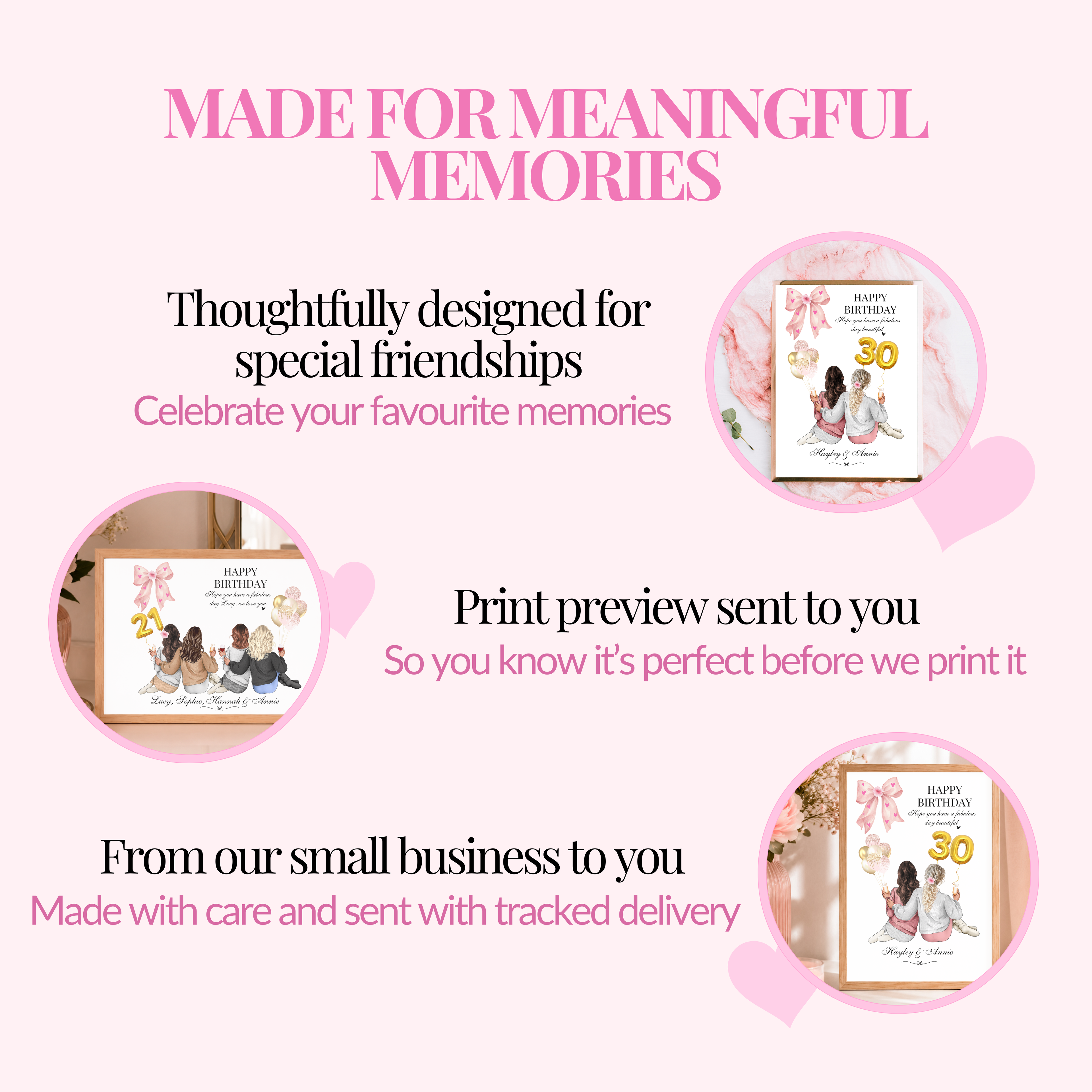 Personalised friendship birthday print showing print preview and tracked delivery. A meaningful birthday gift for your best friend.